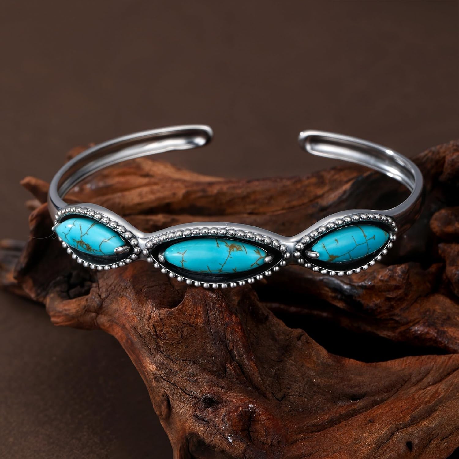 Genuine 3 Turquoise Stones Boho Bracelet, Sterling Silver Adjustable Bangle Cuff Native American Gemstones Jewelry, Fit for 6.5 7 7.5 Inches - Image 6