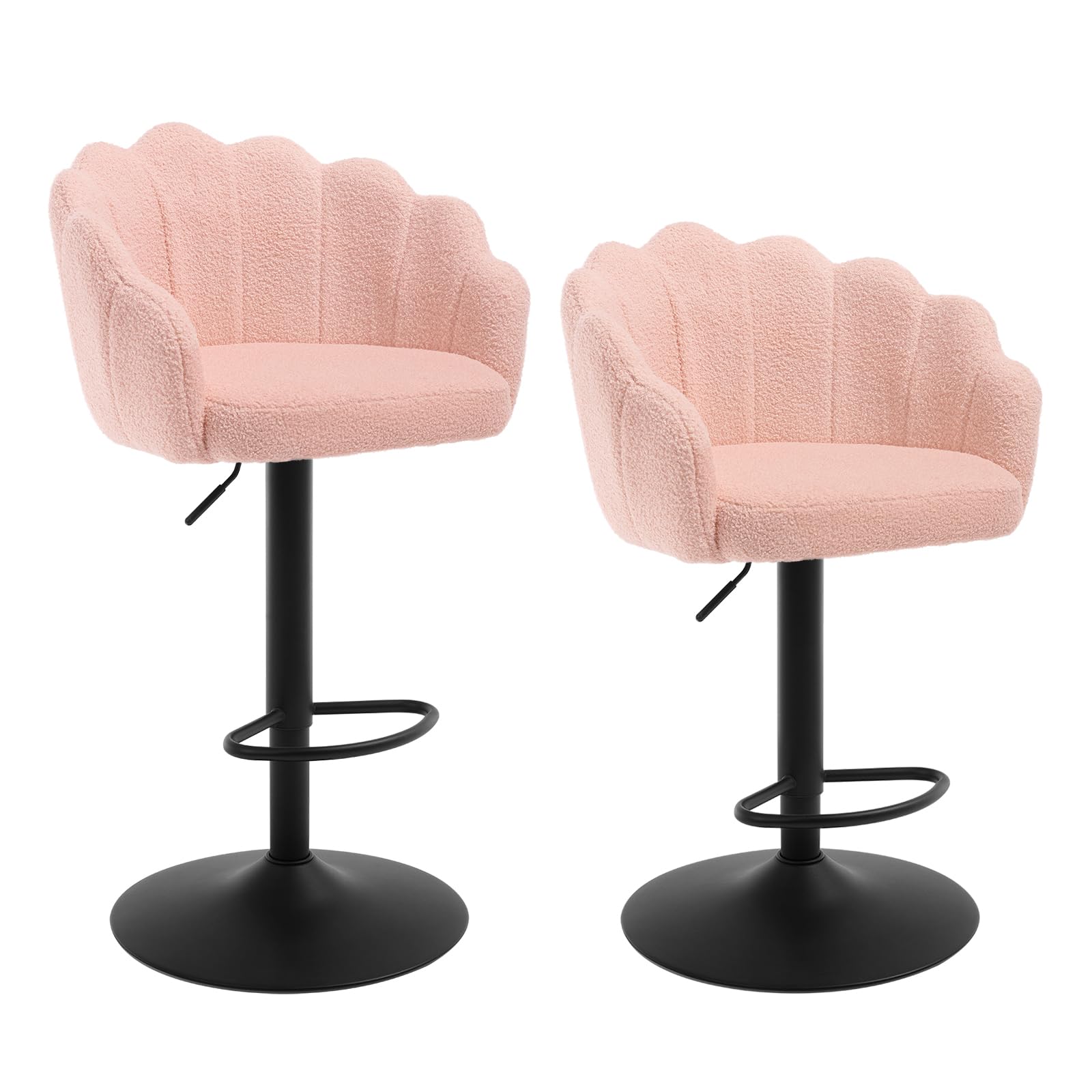 WOLTU Taburete Cocina Altos Juego de 2, Taburetes Bar Giratorios 360° y Ajustables de Altura, Sillas con Respaldo en Forma de Pétalo, Tapizado en Tejido Polar Teddy, para Bar, Tocador y Cocina, Rosa