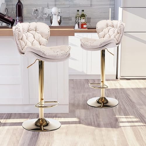 Miniatura 5 de Juego de 2 taburetes de bar giratorios de terciopelo de 360, modernos taburetes giratorios de altura ajustable con respaldo y base de metal dorado