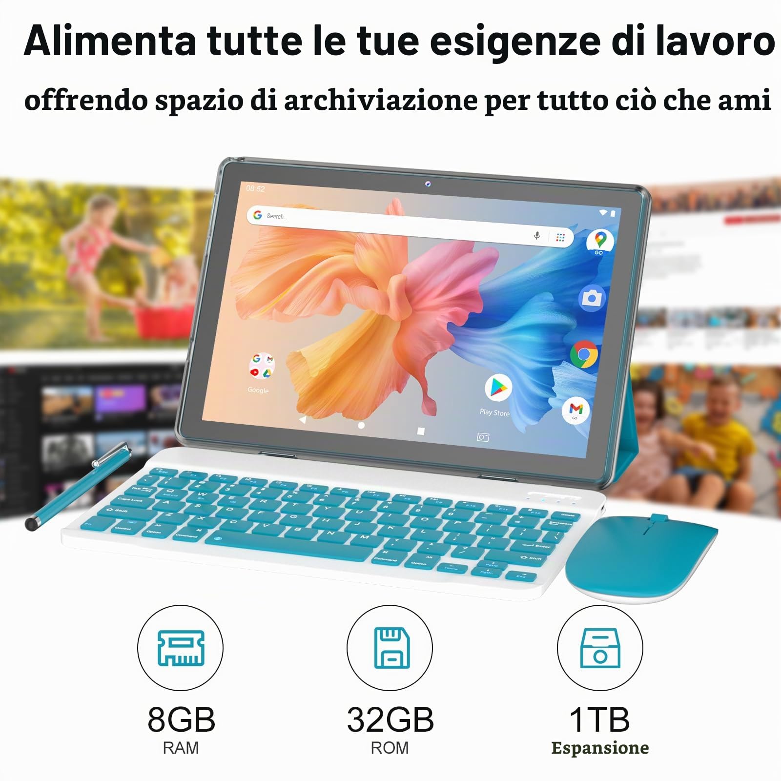 Tablet Android 15, tablet da 10 pollici, 18 GB di RAM+128 GB ROM/2 TB espandibile, tablet 2 in 1 con custodia per tastiera, schermo HD IPS 1280 x 800, Wi-Fi6, doppia fotocamera, batteria da 6000 mAh