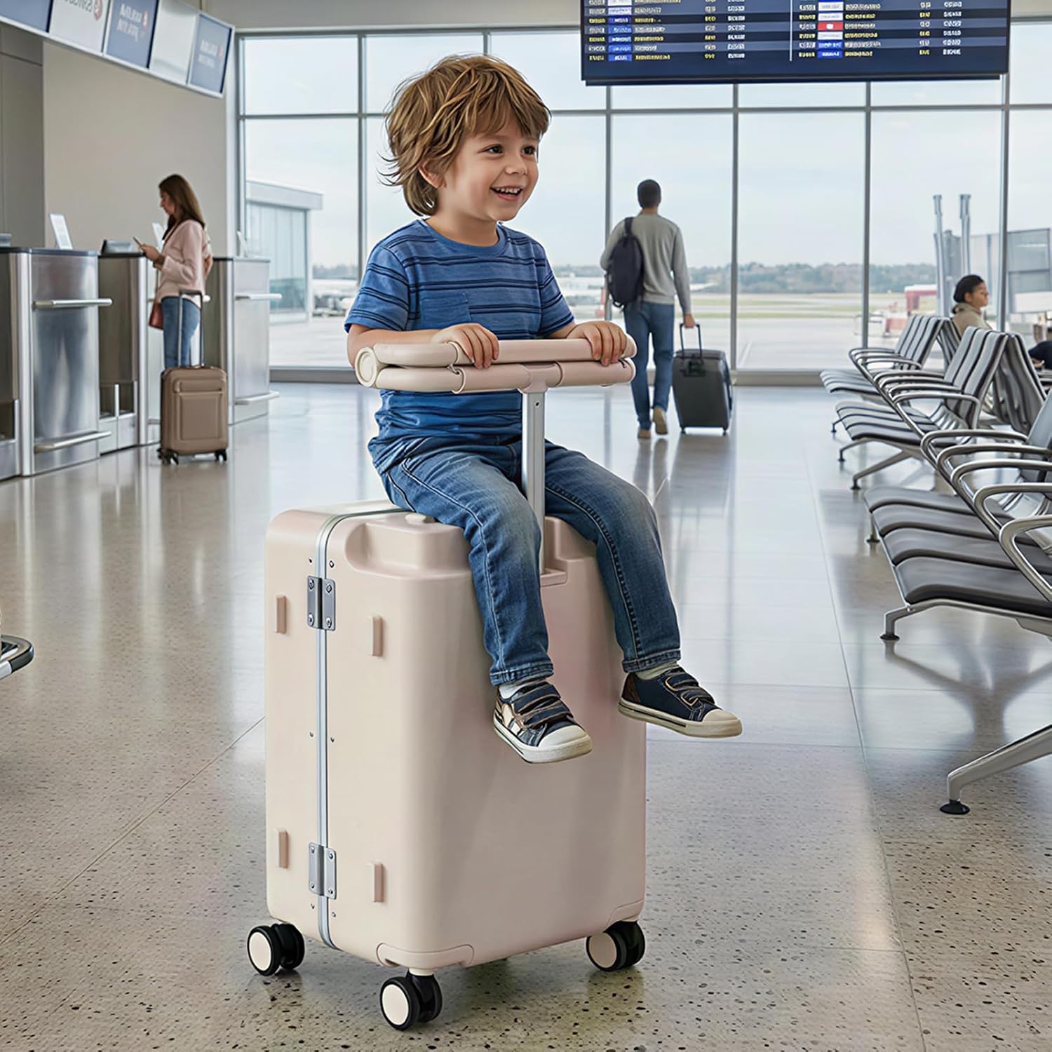 TABU 20" Carry On Luggage with Seat for Kids & Adults, Hardshell Ride On Suitcase with Double Handles & Cup Holder, TSA Lock, Beige