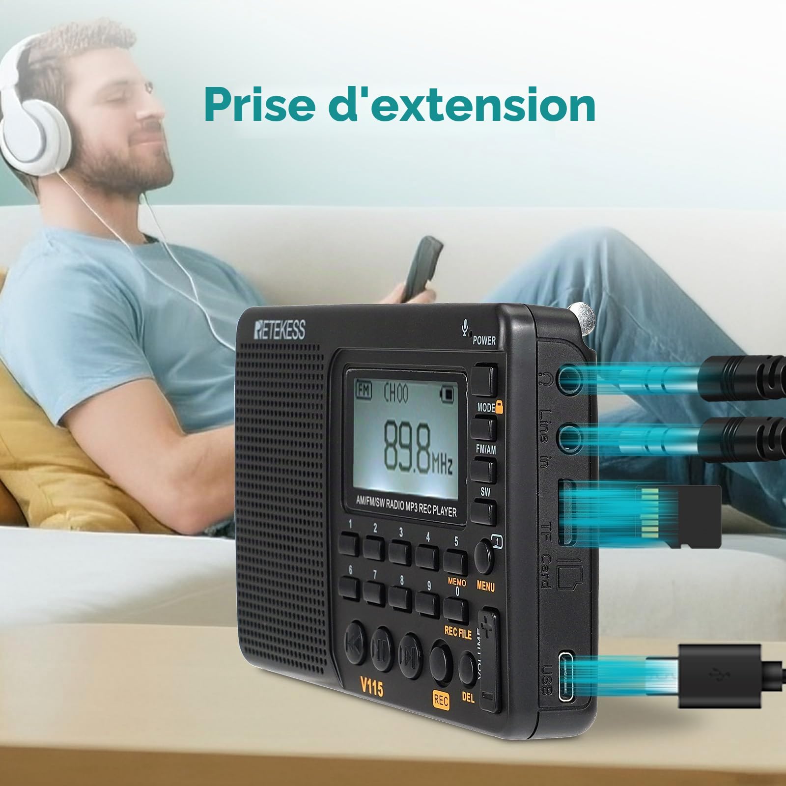 Retekess V115 Radio Portable,Petite Radio Rechargeable,FM AM SW, Piles et Secteur,Carte TF,Enregistreur, MP3,Minuterie de Sommeil,Salle de Bain,Cuisine(Noir)