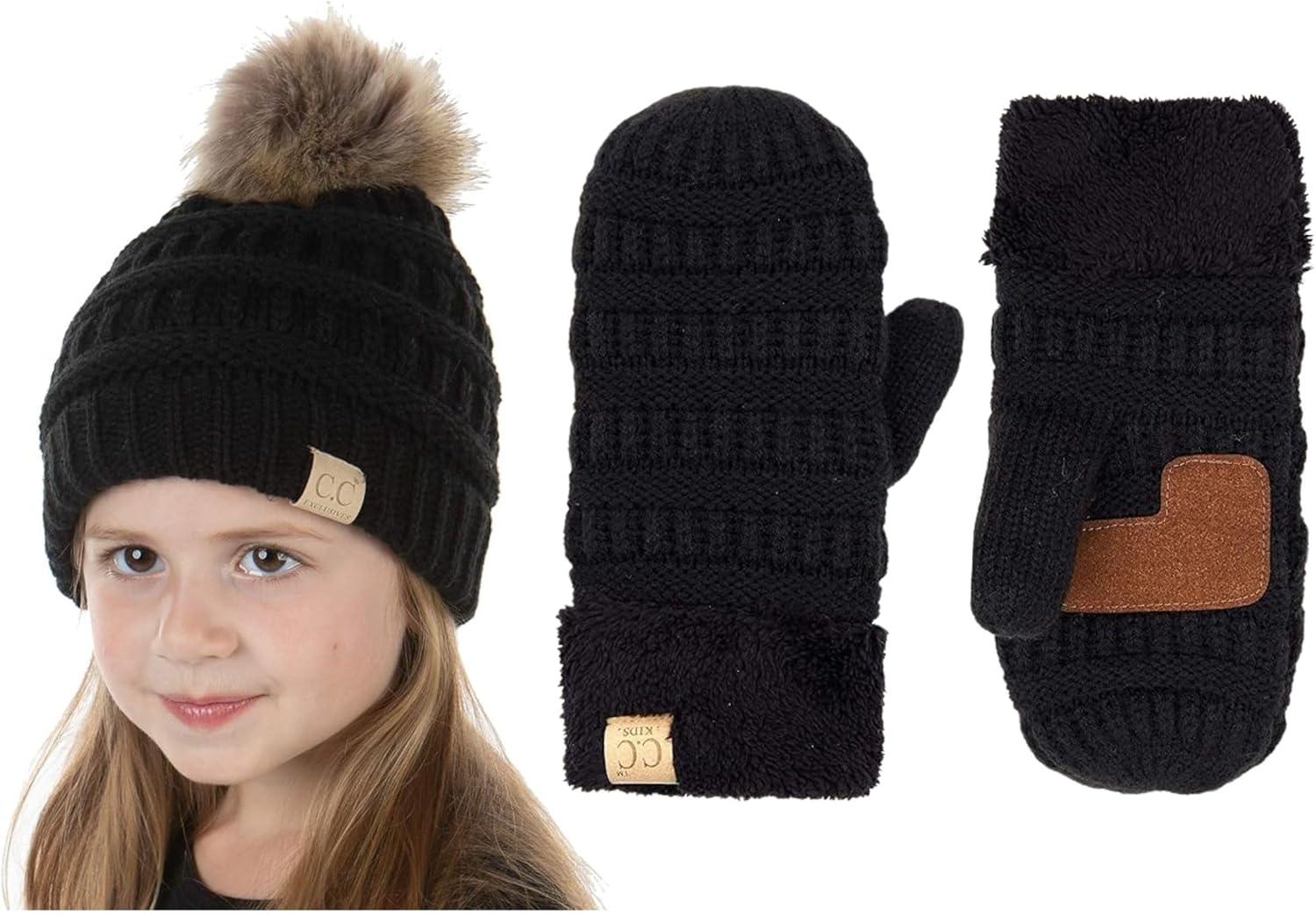 Funky Junque Matching 2 Pack Kids POM Beanie Hat & Lined Mittens- Faux Fur Pom - Black (M/L)
