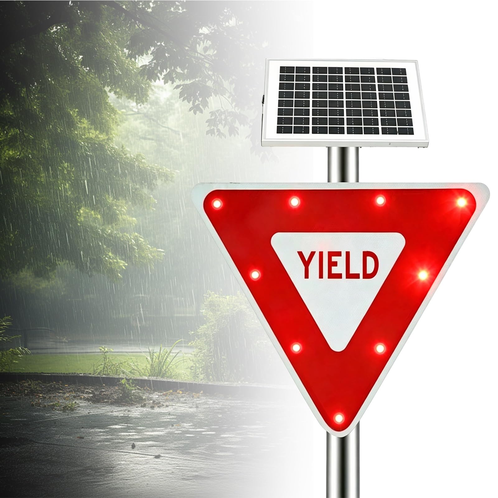 Solar LED Flashing Yield Sign, Yield Sign LED Flashing, Includes Mounting Bracket, IP65 Waterproof, for School Entrances and Residential Complex Entrances