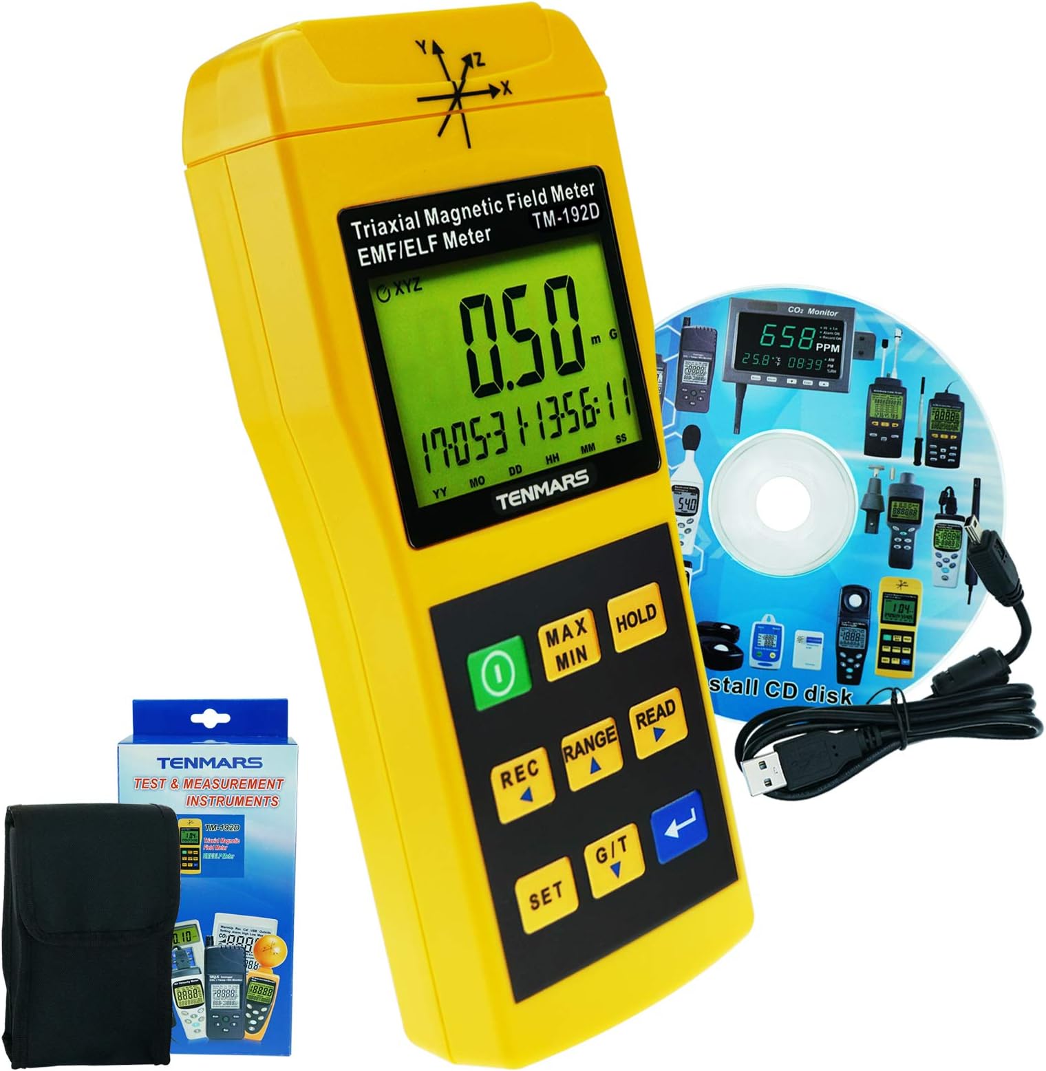 Tenmars TM-192D 3-Axis EMF Electromagnetic Magnetic Field Gauss Meter EMF 30~2000HZ with datalogger CD USB Software