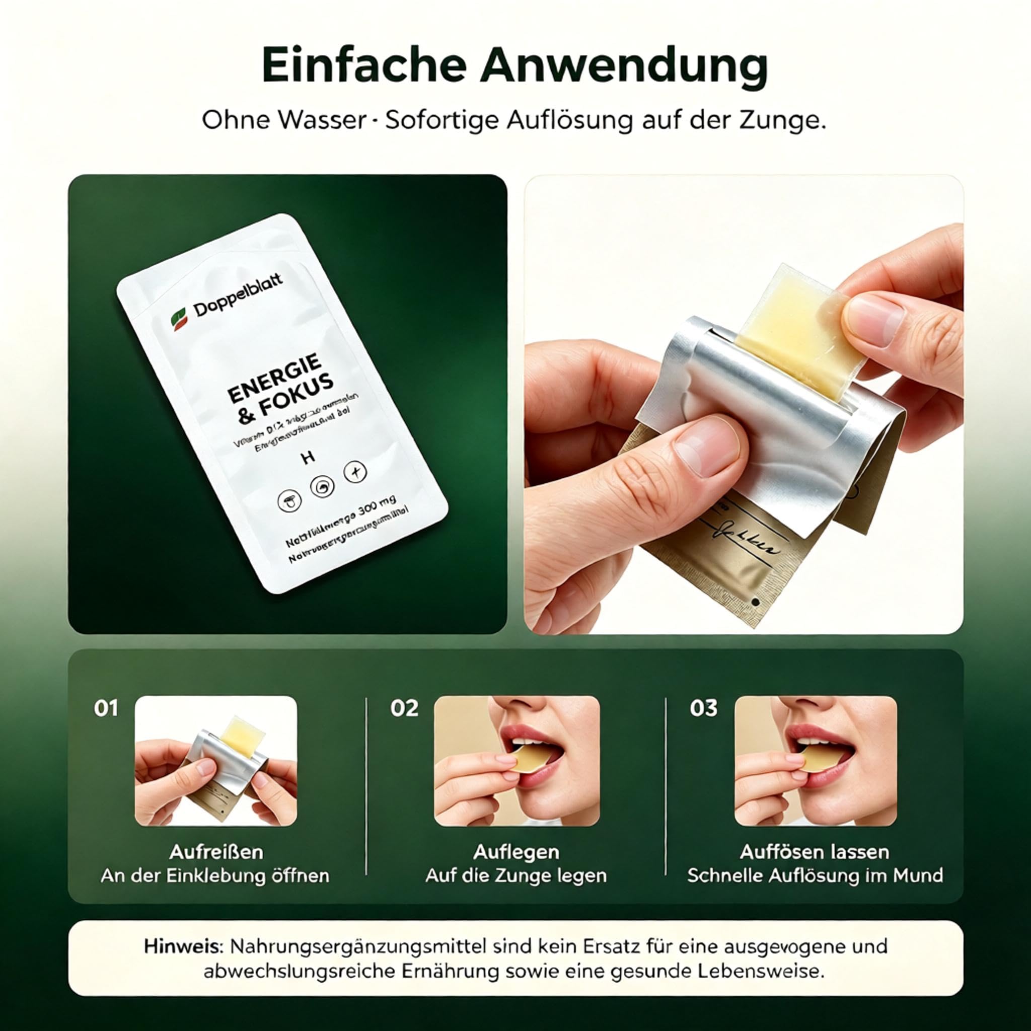 DoppelBlatt ENERGIE Mundlösliche Energie-Streifen mit Koffein, L-Theanin & B-Vitaminen, ohne Wasser für Sport, Büro und unterwegs, Zuckerfrei, Vegan, 20 Streifen（HC001-ENERGIE & FOKUS）