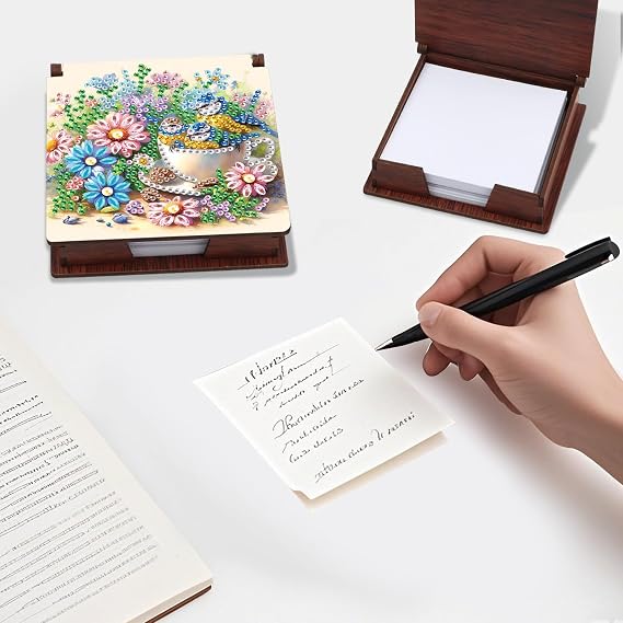 Sticky Note Holder Diamond Art Painting Wooden Post It Note Dispenser Memo Paper Storage Box Diamond Art by Numbers Mosaic Kits Office Desk Accessories-Teacup Bird