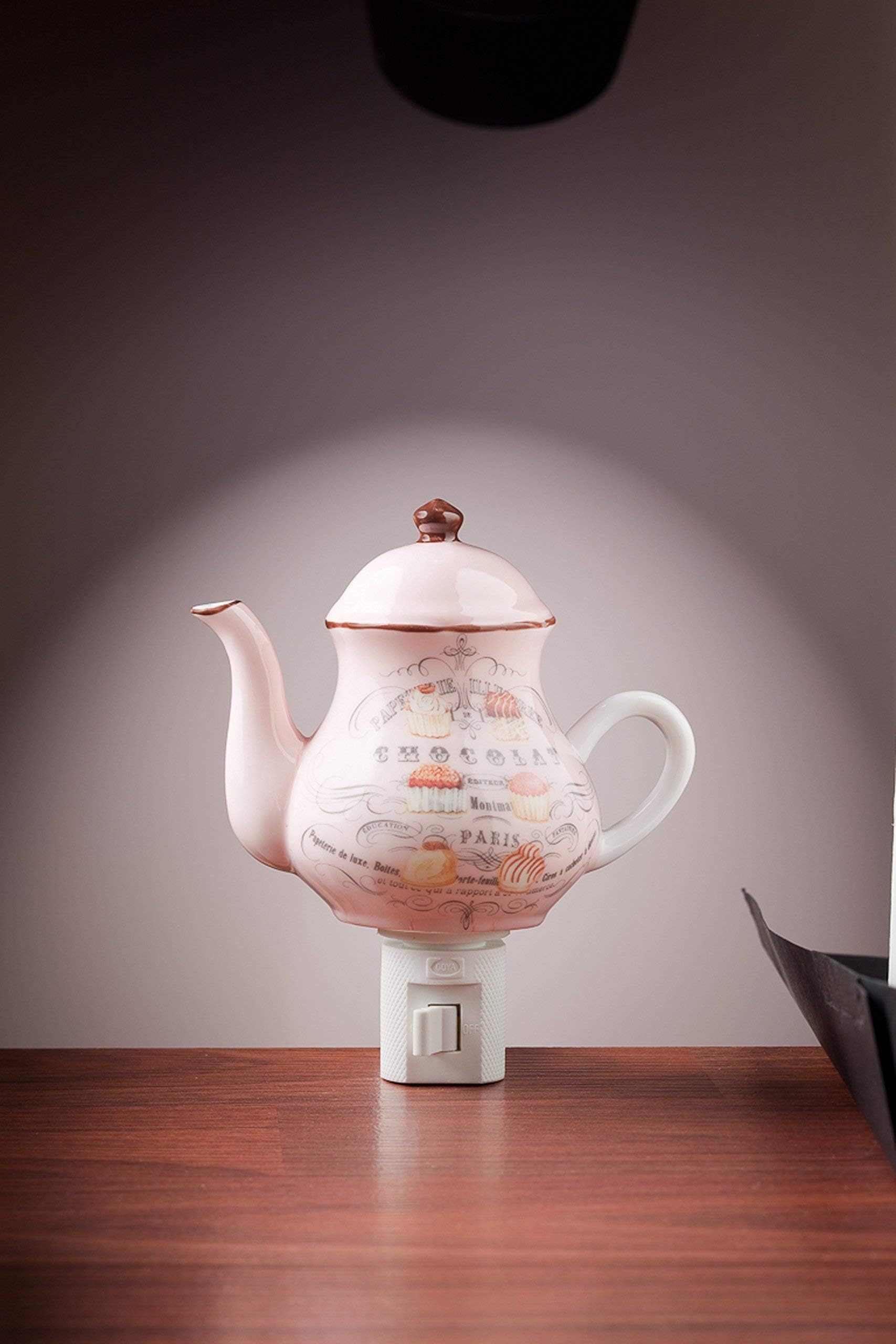 Porcelain Plug in Nightlight with Teapot and Paris Design (5 watt Bulb Included)
