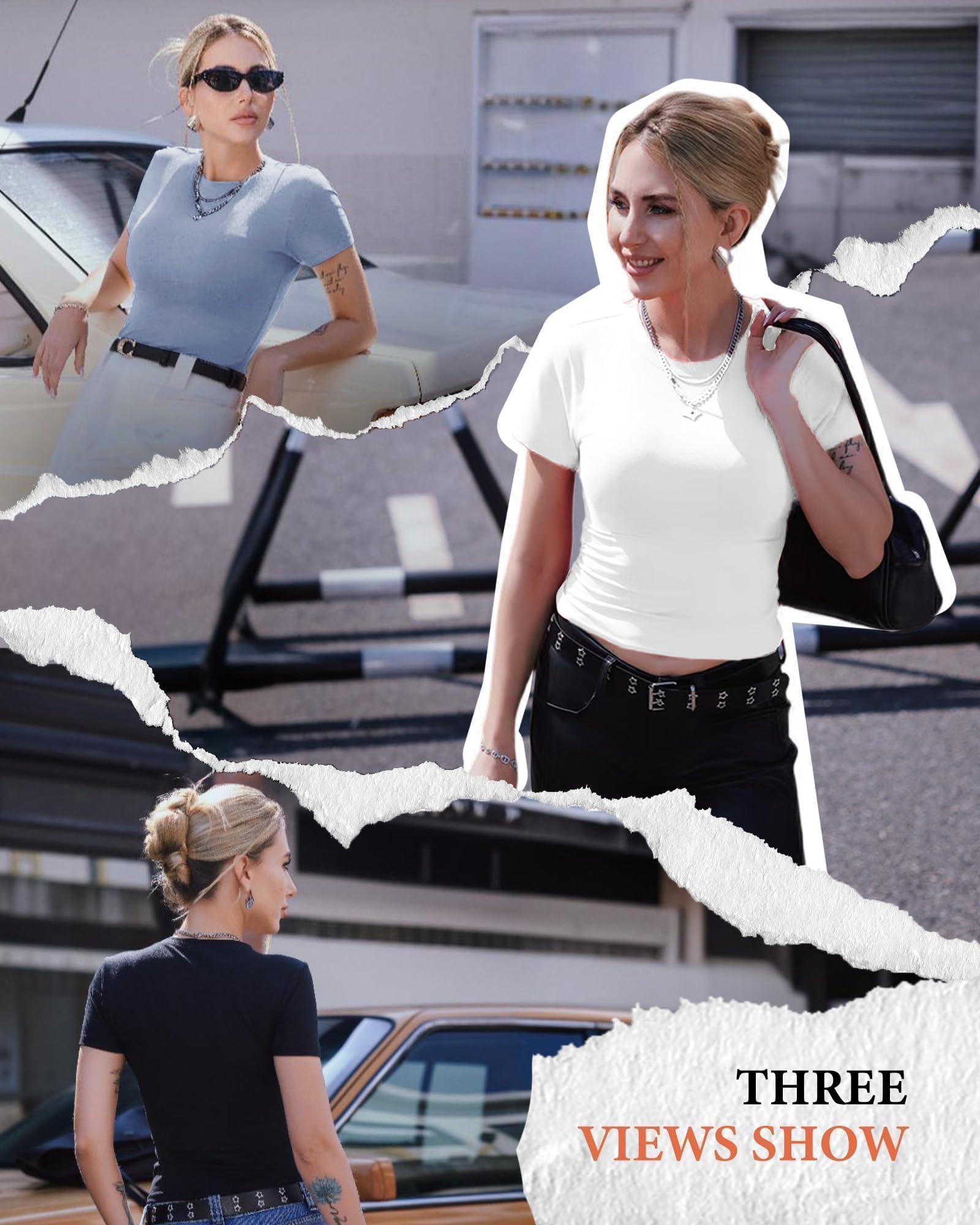 GAYHAY 3 Pack Basic Tees for Women - Crew Neck Slim Fit Tight T Shirts Cute Y2K Trendy Crop Tops Clothes for Casual Summer