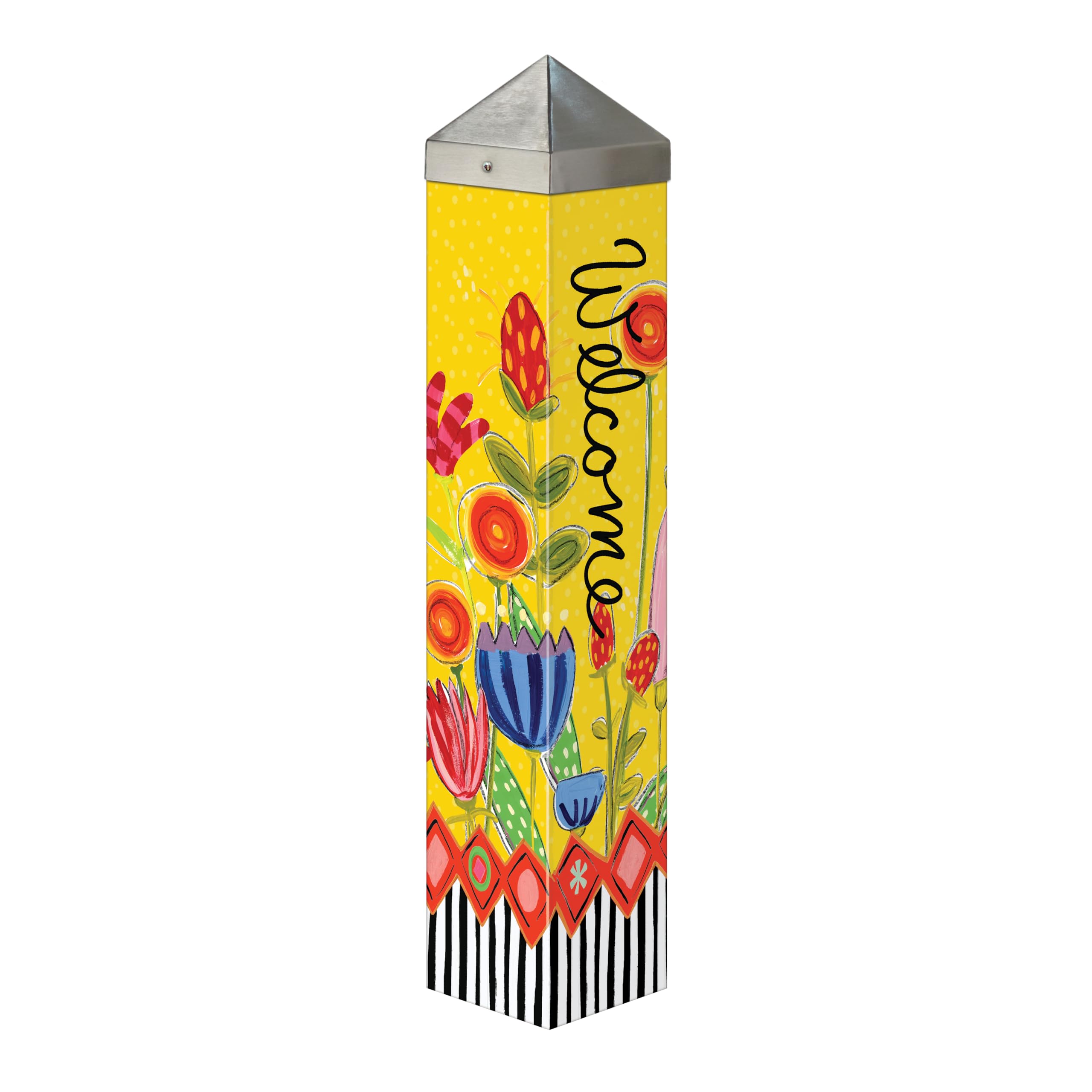 Studio M Garden Art Pole Stake – 20 Inch Outdoor Decorative Yard Accent, PVC with Vinyl Wrap – Colorful Floral Welcome Garden Stake, Modern Folk Art Flower Décor for Porch or Entryway