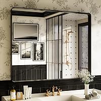 Vista 45 de ISKM Espejo con marco negro para pared de 20 x 16 pulgadas, espejo de tocador de baño antioxidante, vidrio templado, espejo rectangular redondeado