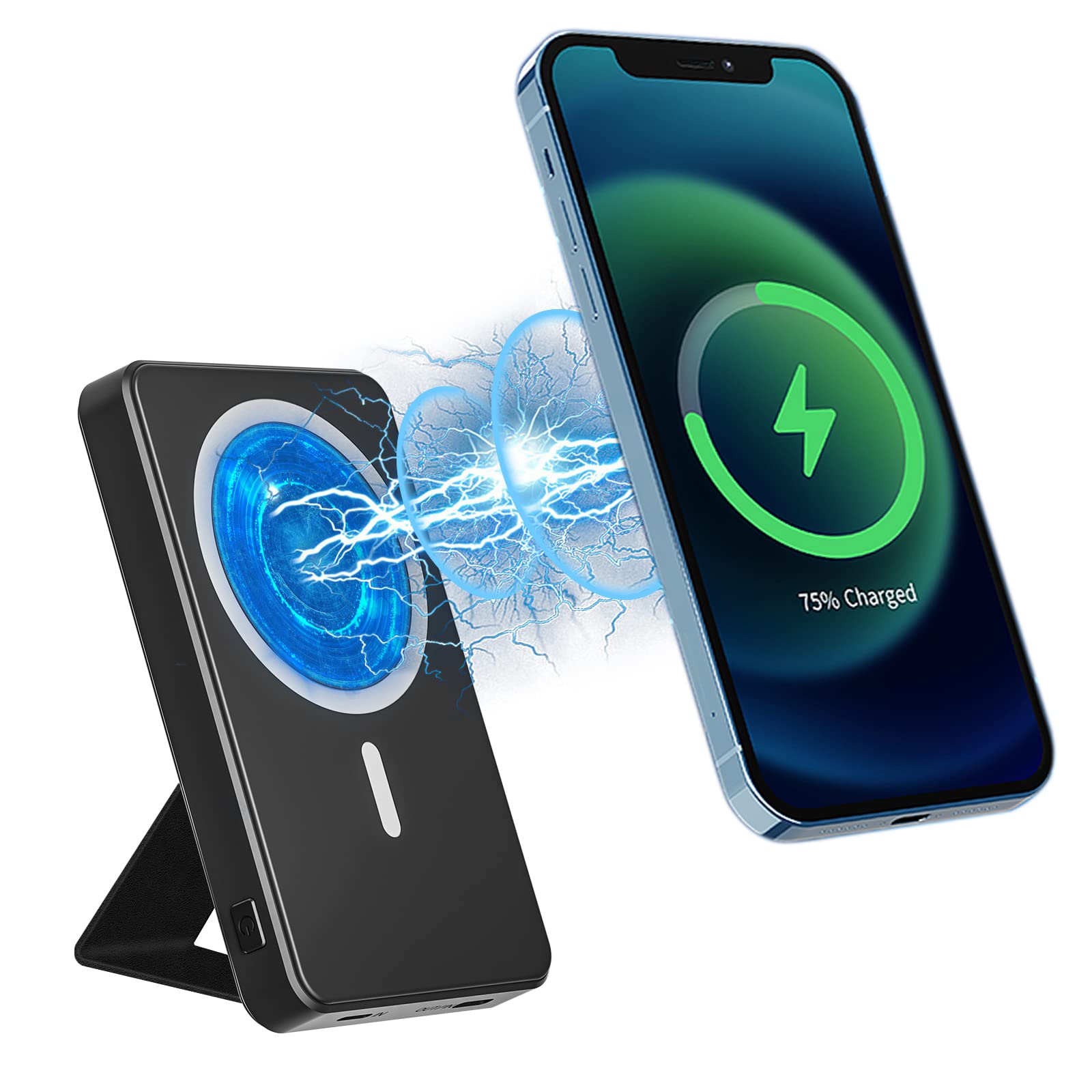 Mag-Safe Battery Pack, 6000mAh Wireless Portable Charger with Foldable Stand, Magnetic Power Bank with USB-C 18W Fast Charging for iPhone 14/13/12 Pro/Mini/Pro Max