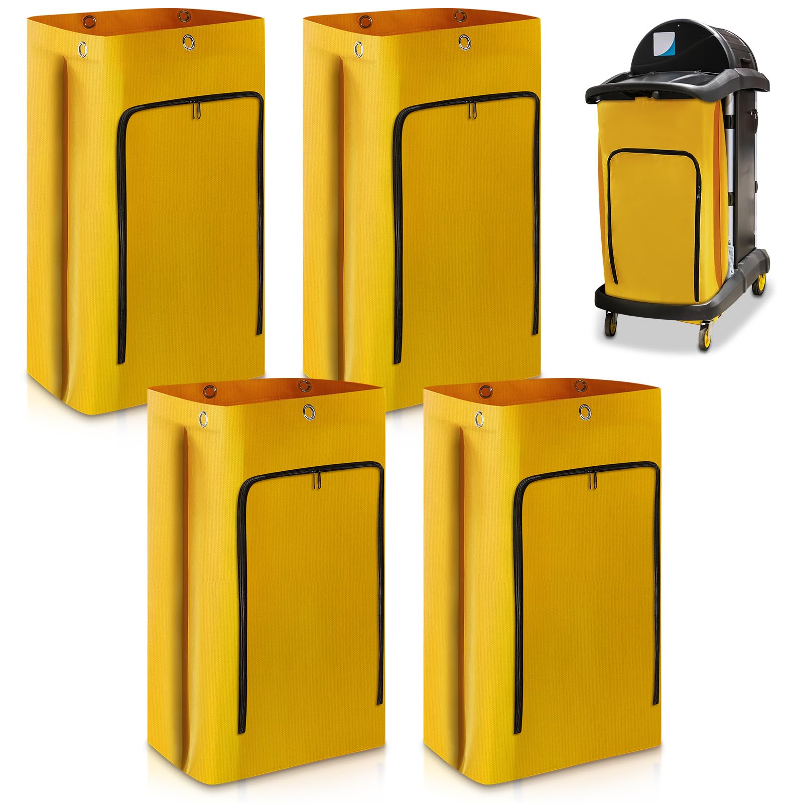 Meanplan 4 Pack Cleaning Cart Bag Zippered Front Replacement Janitorial Cart Thick Bag Large Capacity Commercial Cleaning Bags for Housekeeping Carts, Yellow (33 x 16.8 x 10.5 Inch)