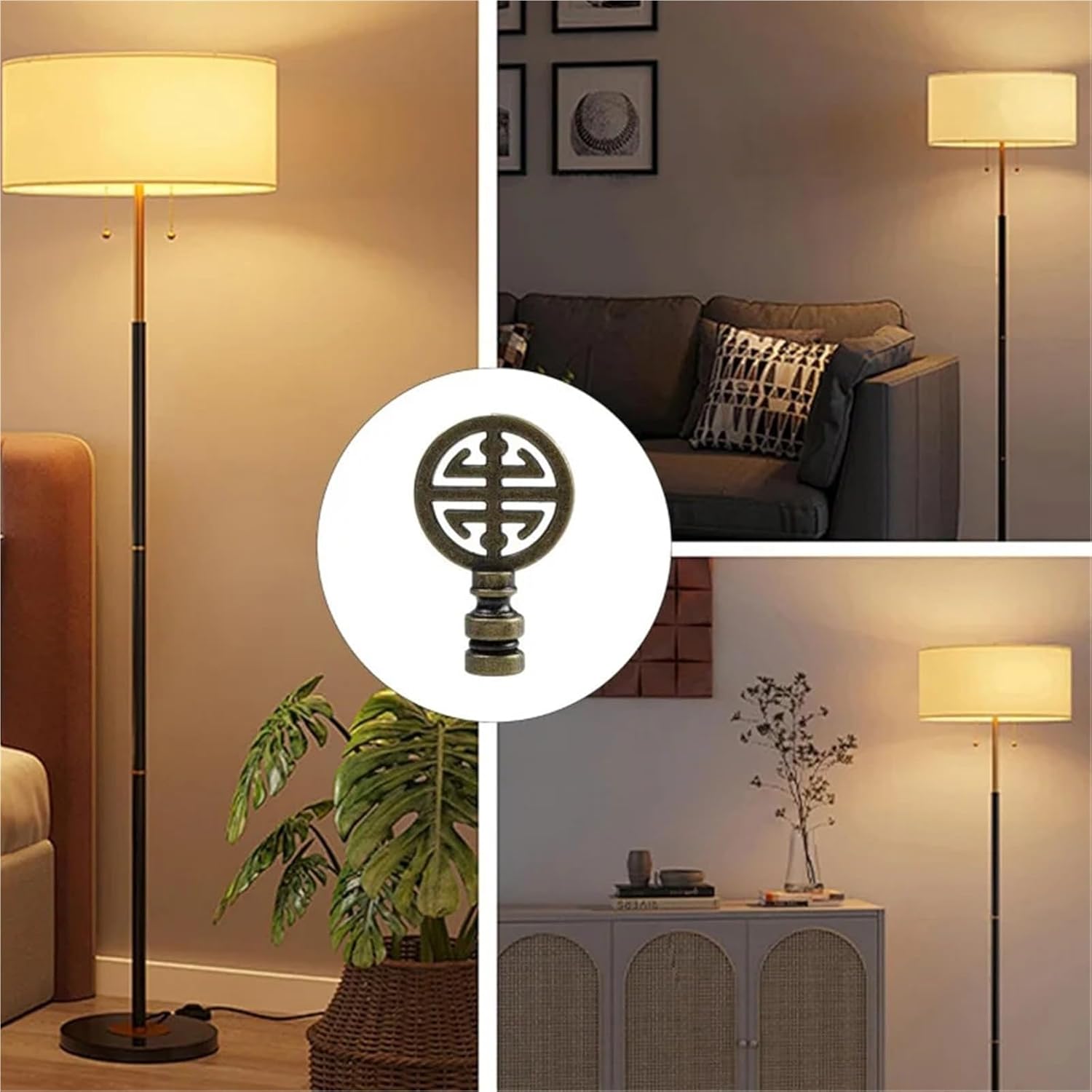Sturdy 4PCS Lamp Finial, Antique Brass Happiness Symbol Decorative Knob Asian Shades, Solid Metal Screw Top T