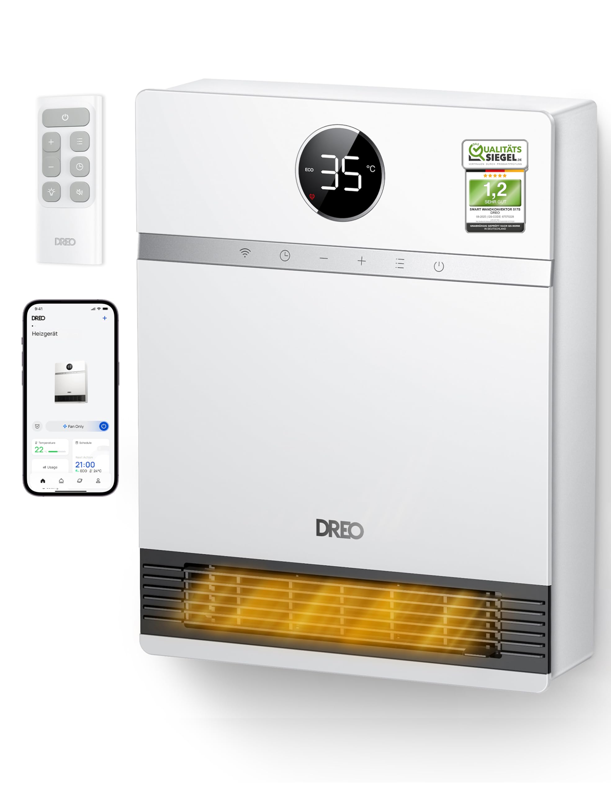 Dreo Dreo Smart Wandkonvektor, 30° Lüfterauslass, 2000W, einstellbarer Thermostat, Fernbedienung, Wochentimer, einfach zu montierende Heizung für den Innenbereich, kompatibel mit Alexa