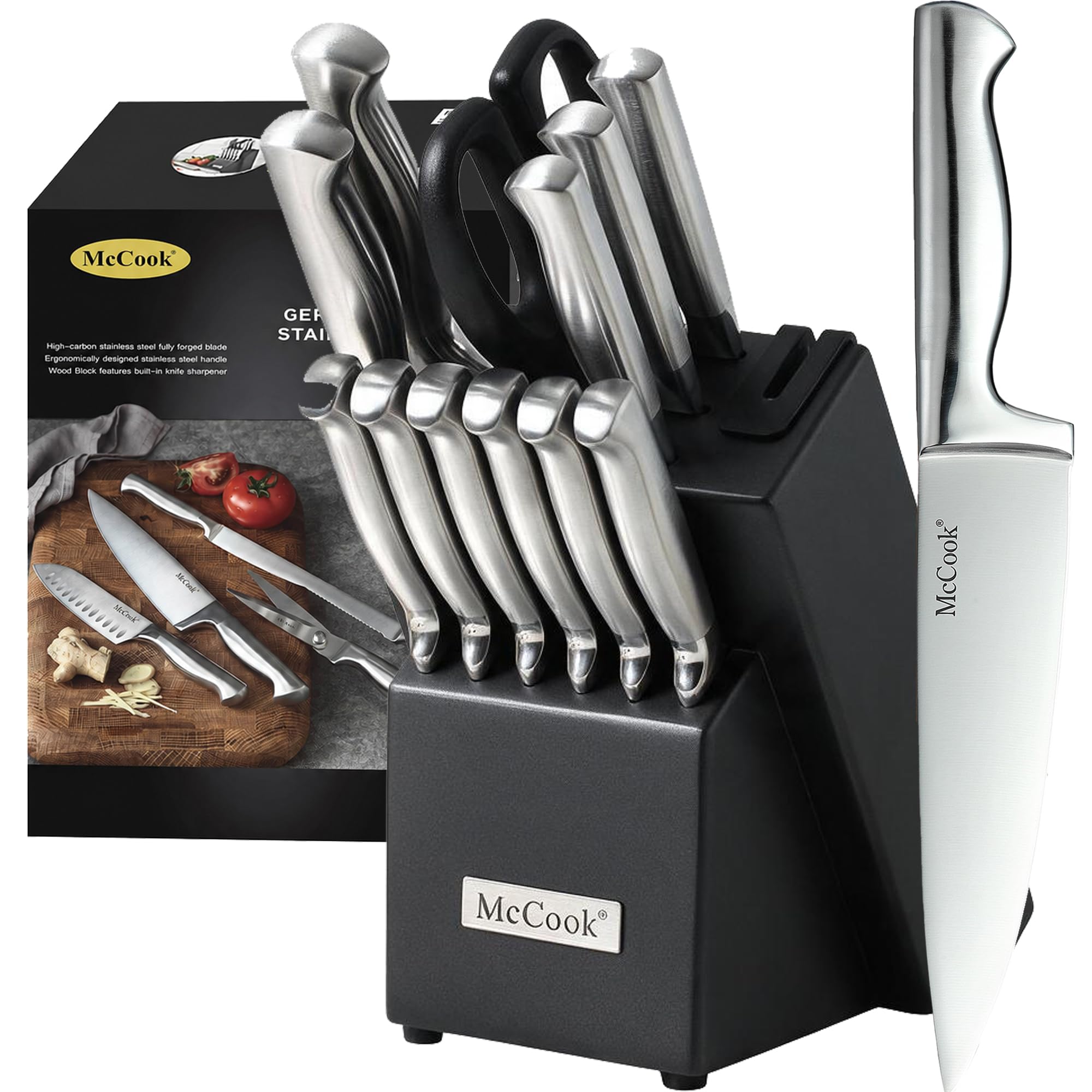 McCook Knife Set Sharp Kitchen Knife Block Set w Built-in Sharpener