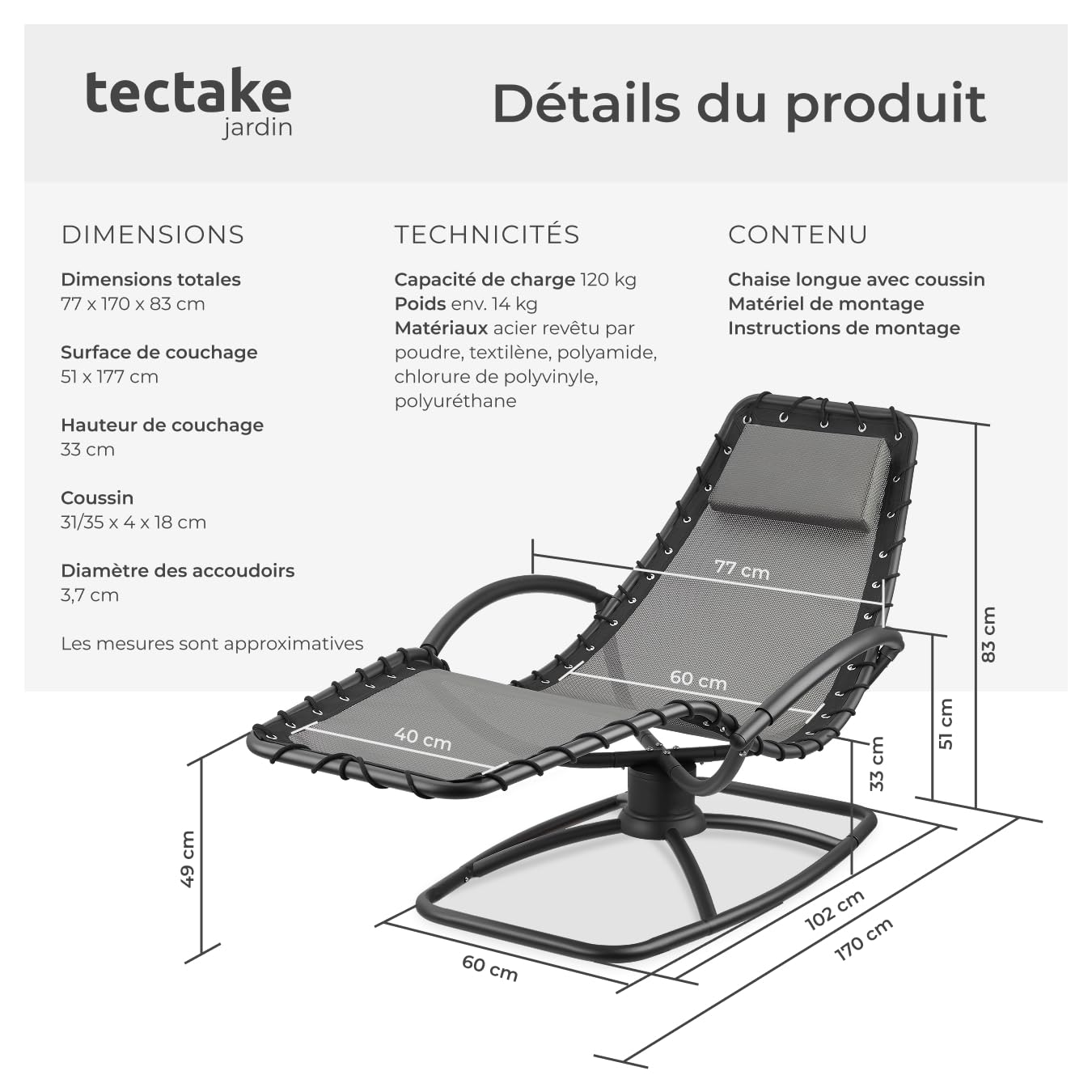 tectake® Chaise Longue Bain de Soleil Ergonomique et à Bascule Max. 120Kg, Imperméable, Transat Jardin Exterieur Relaxation Camping Salon de Jardin Exterieur Amenagement Balcon Terrasse Piscine Lounge
