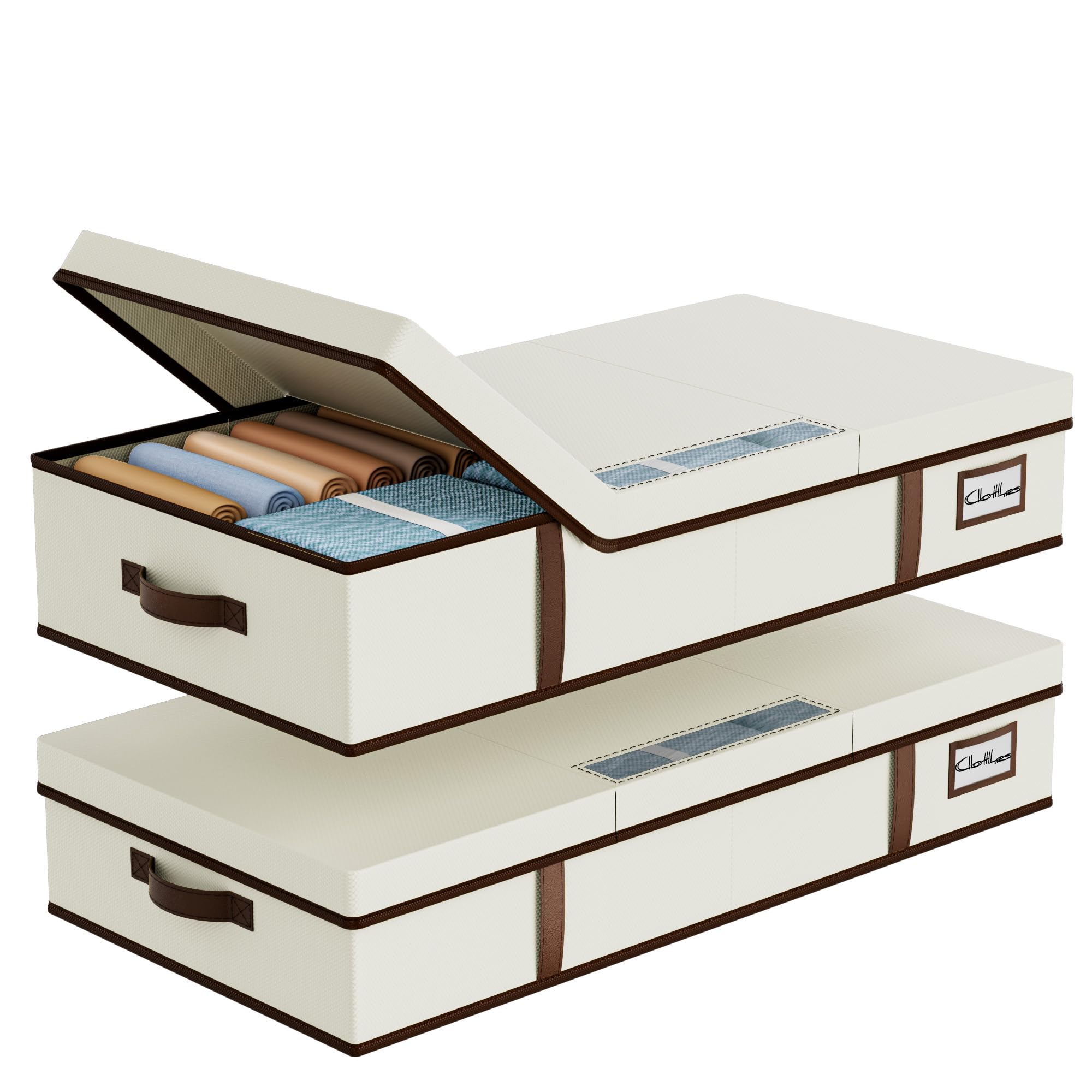 LAMU 2 Piezas Bolsas Almacenaje Debajo de la Cama, Cajas Almacenaje Ropa con Tapa y Asa Reforzada, Organizador Armario Apilables, Plegables, para Abrigos, Mantas, Beige, 80 * 40 * 15cm