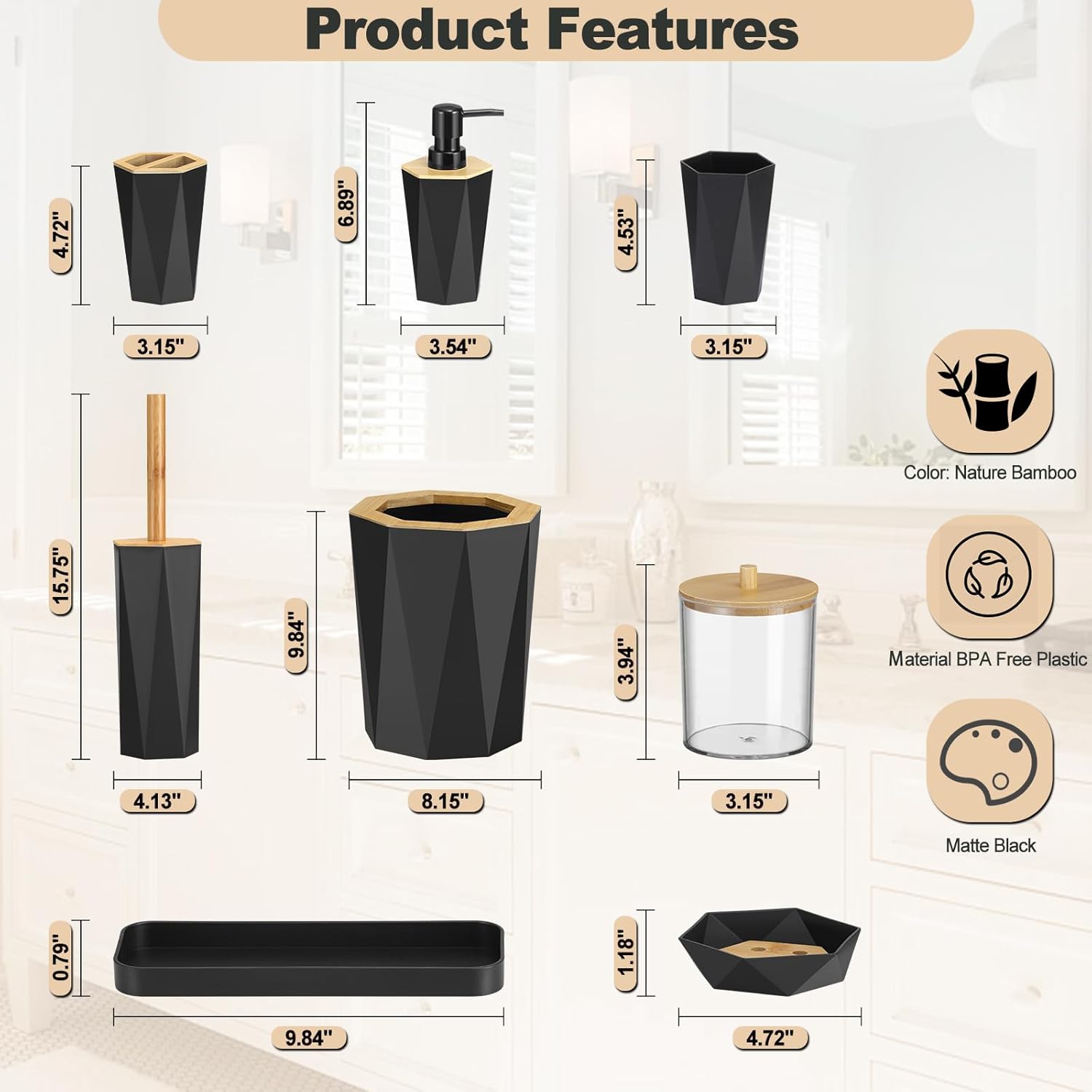 LMDO 9Pieces Bathroom Accessories Set, Black and Bamboo Lid Including Toilet Brush, Trash Can, Toothbrush Holder, Soap Dispenser, Soap Dish, Bathroom Tumbler, Bathroom Tray and Qtip Holder x 2 pcs