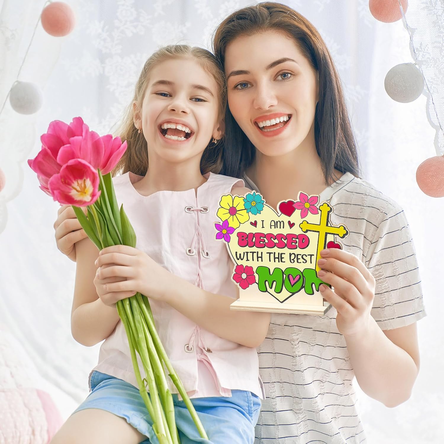 Yousoontic 24 Pcs Mother's Day Craft for Kids Bulk Color Your Own Wooden Religious Tabletop Signs Decor DIY Christian Blessed Mom Gifts for Classroom Home Sunday School Fun Craft Activities