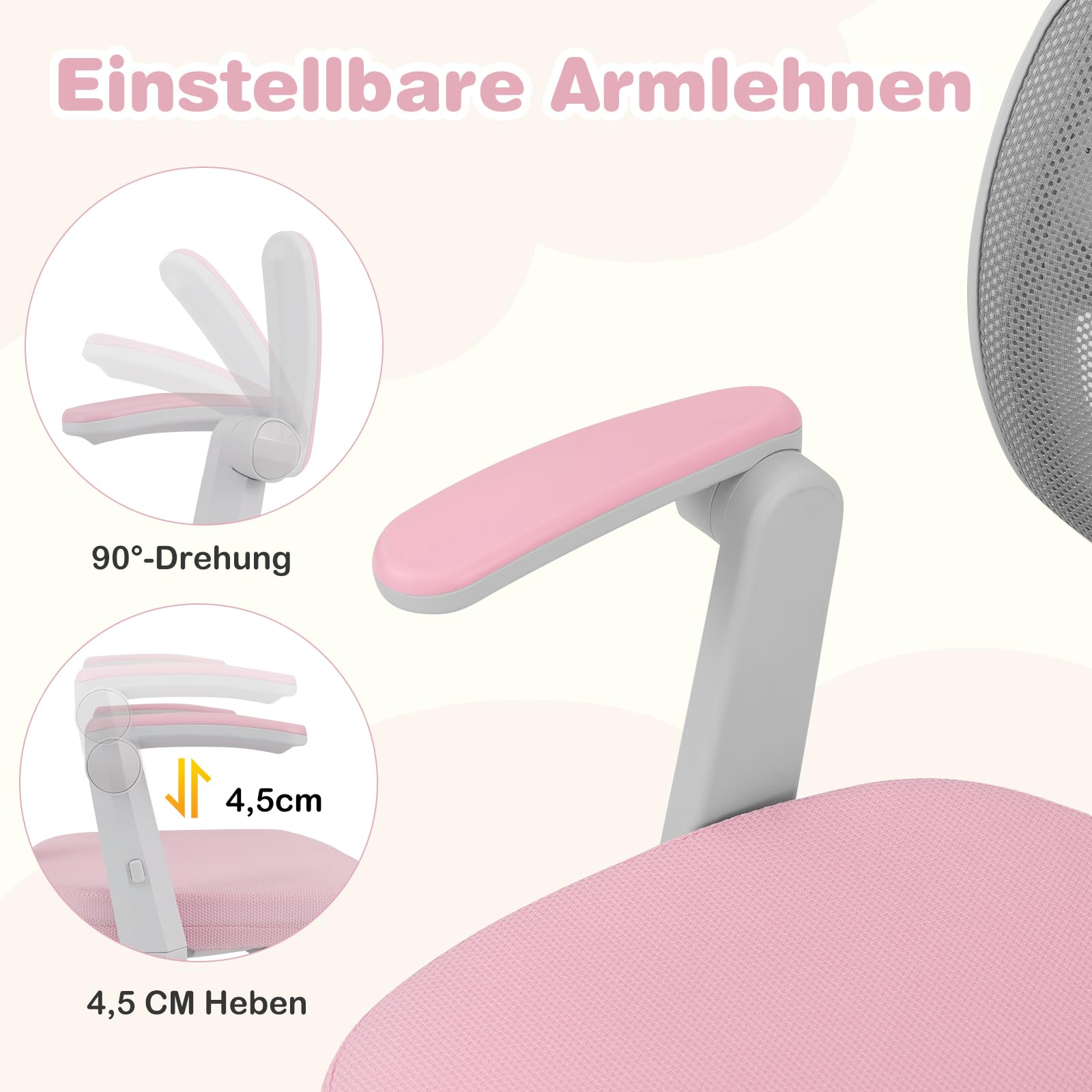 COSTWAY Schreibtischstuhl Kinder, Sitzhöhe 41-52 cm höhenverstellbar Kinderschreibtischstuhl mit klappbarer Armlehne & Fußstütze, Kinderdrehstuhl mit Rollen, Bürostuhl für Jungen & Mädchen ab 3 Jahren
