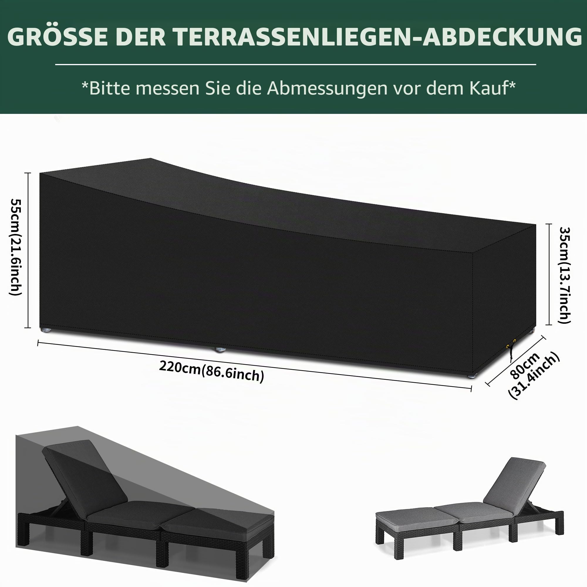 Gartenliege Abdeckung, 220x80x35/55cm, 420D Oxford-Gewebe Outdoor Garten Sonnenliege Abdeckung wasserdicht, Anti-UV, Schutzhülle für Sonnenliege Liegestuhl Deckchair,Schwarz