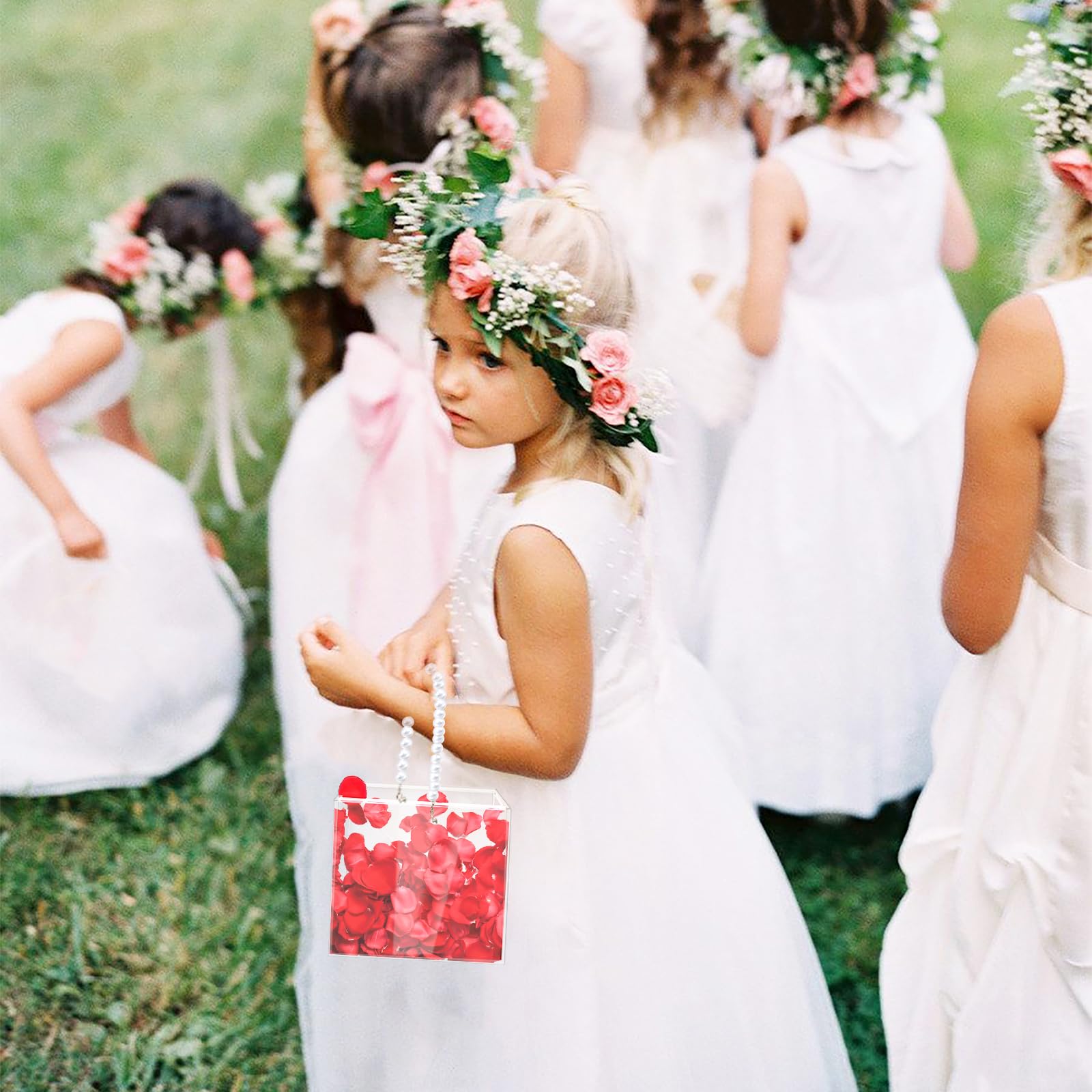 Pahdecor 2Pcs Flower Girl Basket set of 2 Plastic Wedding Basket Petals Basket with Pearl Handle Clear Flower Holder for Confetti,Wedding Home Decoration