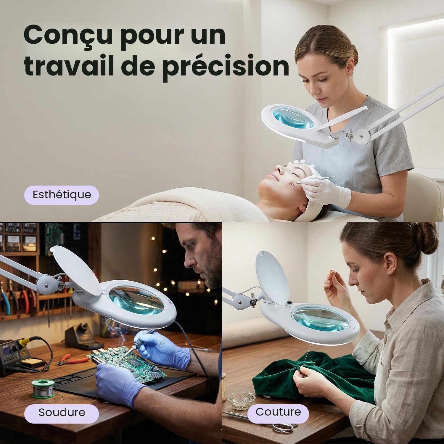Neatfi Elite XL HD Super Lampe loupe LED avec Pince – grossissement 2,25x (5 dioptries), lumière du Jour 6500 K | sans éblouissement | Couture et Loisirs créatifs (Blanc, Lentille de 18 cm)