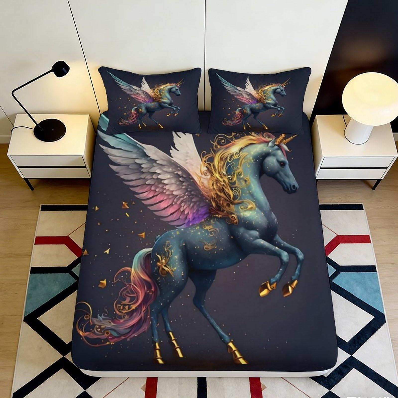 3D Printed Fantasy Pegasus Fitted Sheet Microfiber Soft Anti-Slip Unicorn Mattress Cover for Bedroom Dorm Decor 180x200x25cm