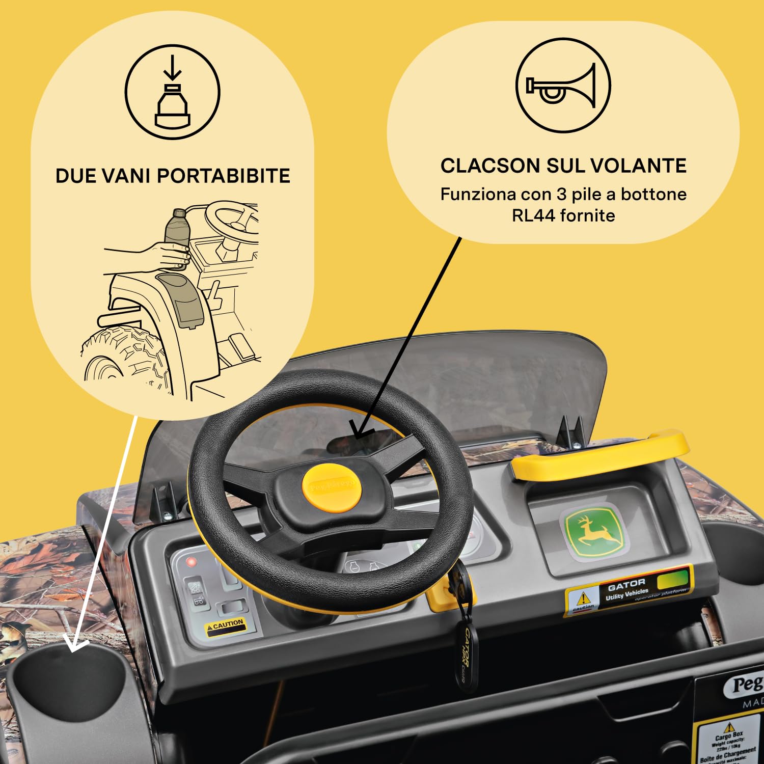 PEG John Deere Gator HPX Camo - Trattore Elettrico Cavalcabile per Bambini dai 3 Anni, Utility Vehicle Elettrico con Cassone Ribaltabile e Clacson, Batteria Ricaricabile da 12V