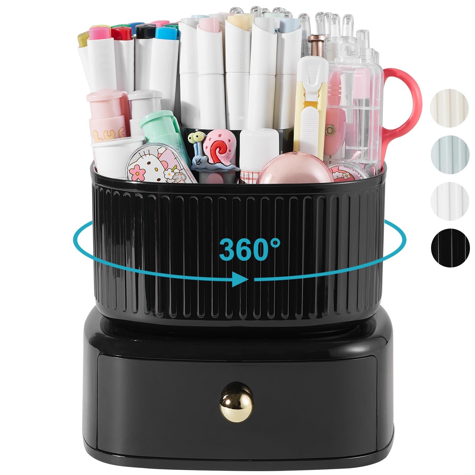 Portalápices de escritorio con cajón, 5 ranuras giratorias de 360 grados, organizadores de escritorio para accesorios de escritorio de oficina, color negro