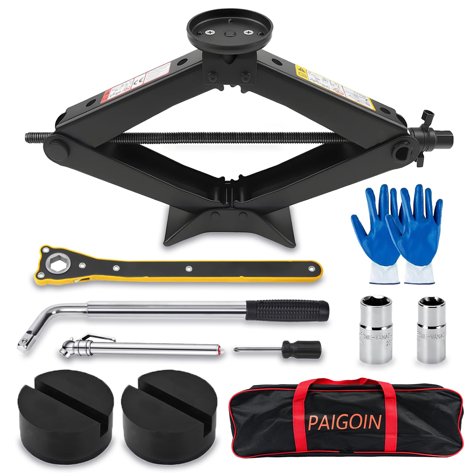 Gato de tijera para automóvil de 2.5 toneladas (5500 libras), kit de gato universal multiusos con almohadilla de goma, kit de cambio de neumáticos de repuesto portátil para sedán, SUV, MPV