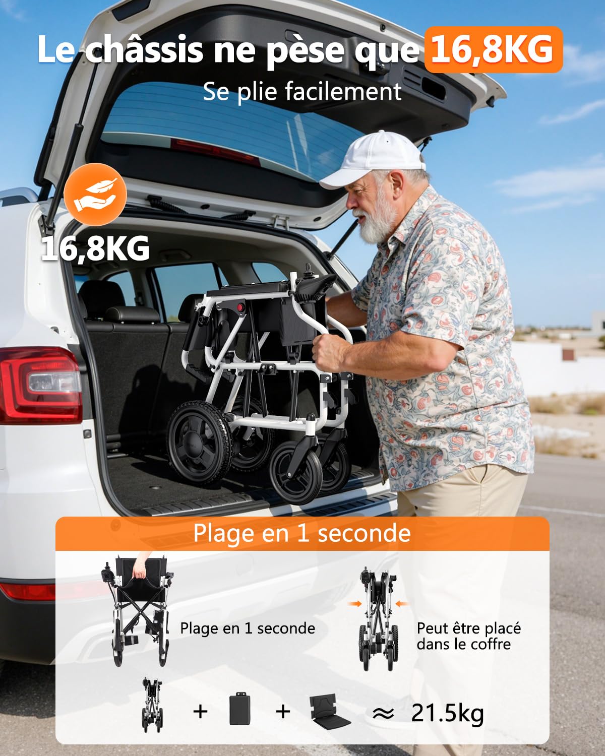 fauteuil roulant electrique pliable– autonomie 20 km, poids 16,8 kg, pliable et compact, idéal pour la maison et les voyages. Capacité de charge 125 kg, adapté à tous les terrains
