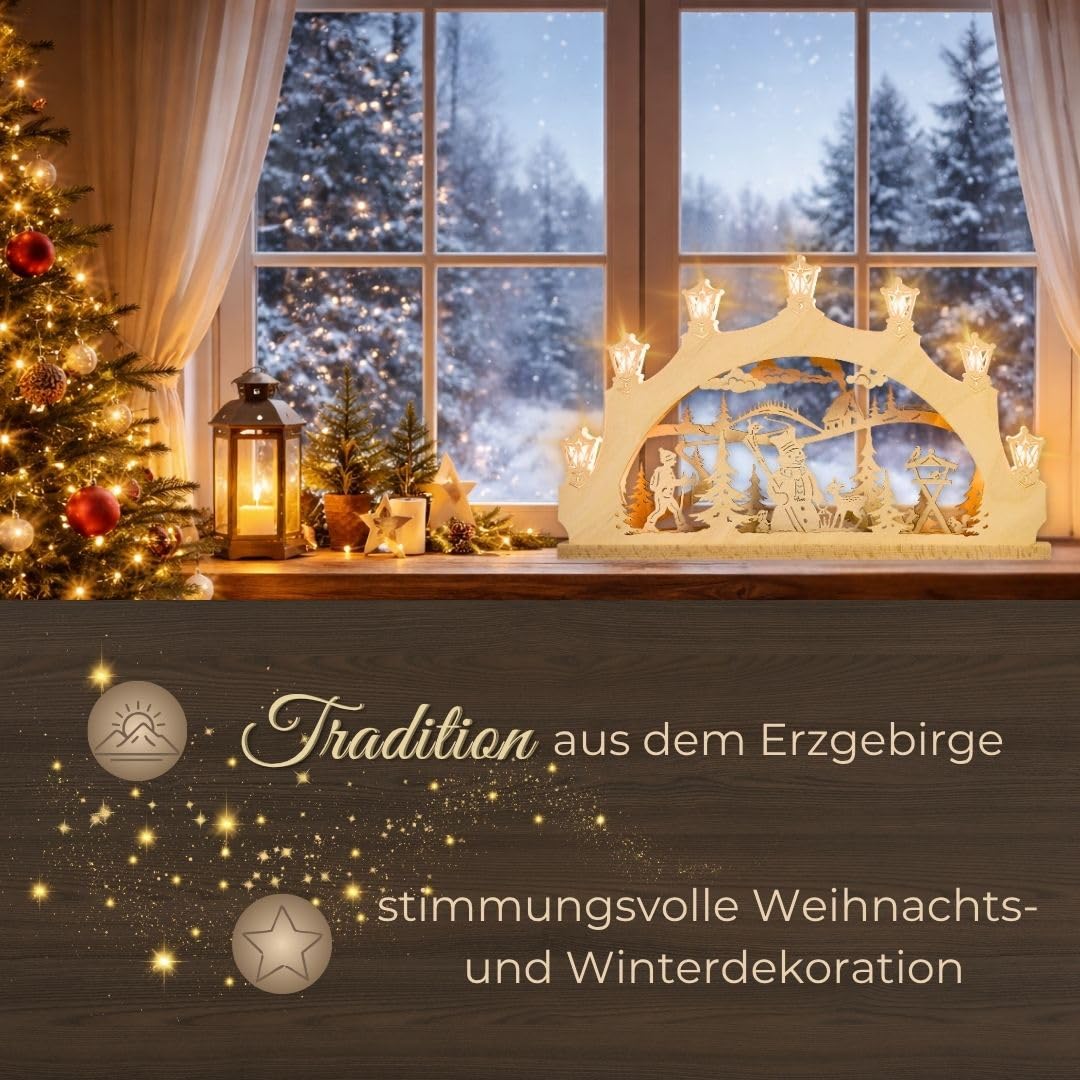 weigla - Schwibbogen original Erzgebirge I LED Lichterbogen Weihnachten I Motiv Schneemann im Wald I 7 Lampenkerzen + 1 Ersatzlampe I 7 x 34 V, 0,2 W, E10 I beleuchtete Weihnachtsdeko