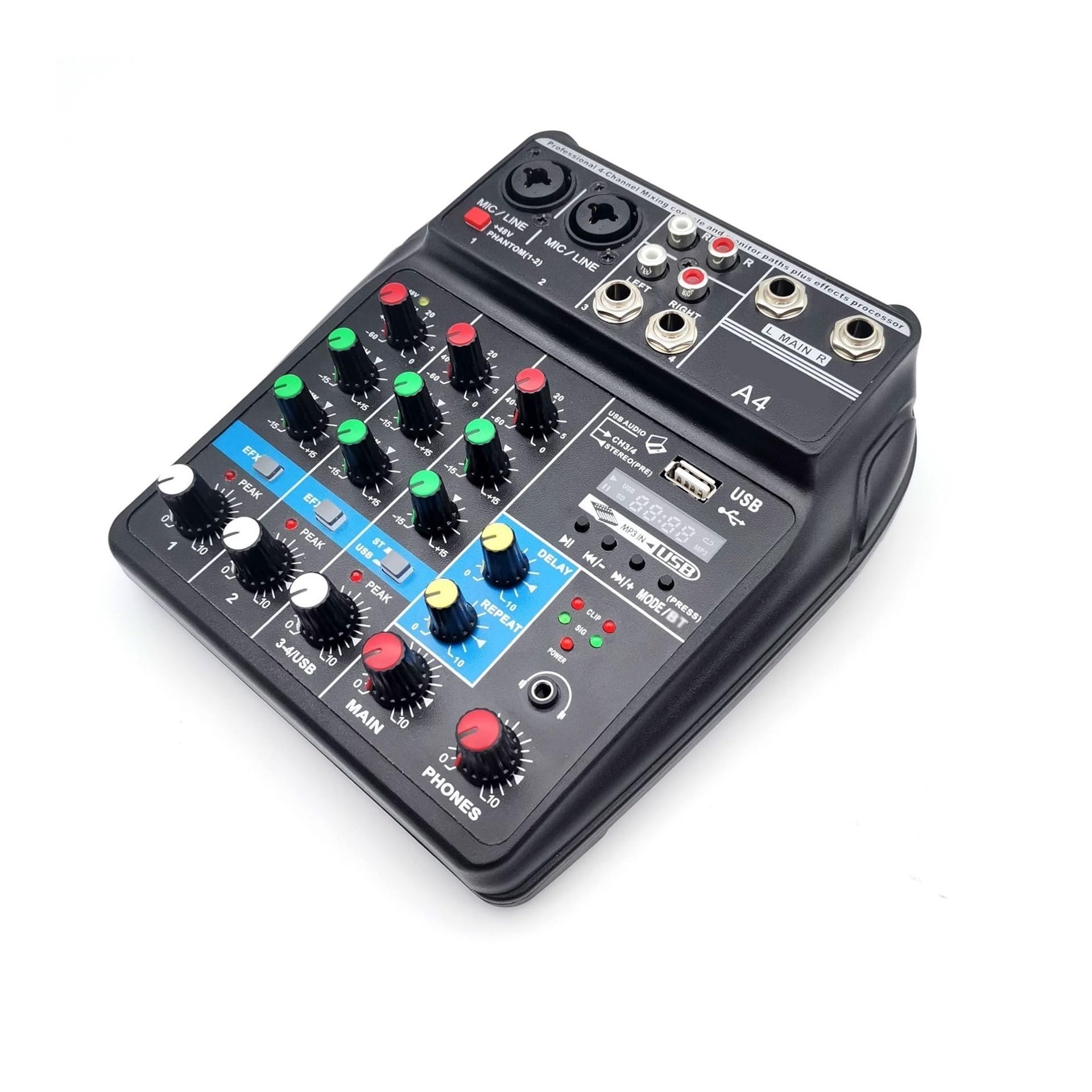 Mikser audio, A4 Konsola miksująca dźwięk USB Nagrywanie Komputerowe 48V Phantom Power Delay Repaeat Efekt 4 Kanały Mikser Audio do karaoke w studiu