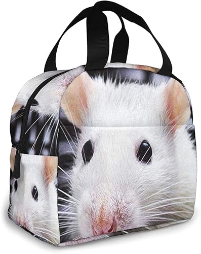 Miniatura 2 de Adorable bolsa de almuerzo aislada con rata blanca para mujeres y hombres, bolsa de almuerzo reutilizable con bolsillo frontal