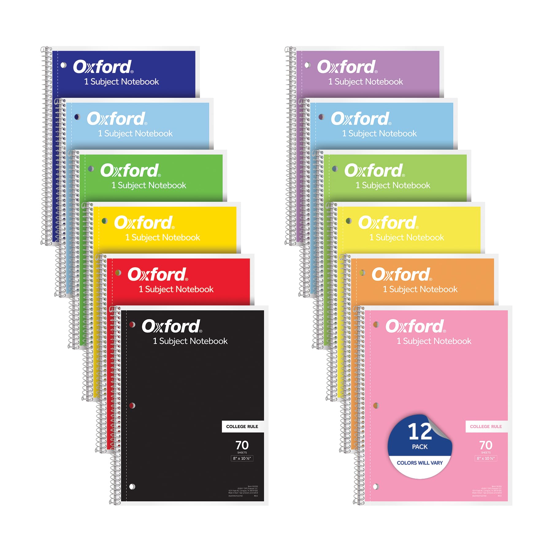oxford spiral notebooks 12 count bulk pack 1 subject college ruled notebooks for school 8 x 105 inches 70 sheets assorted colors back to school supplies 65205
