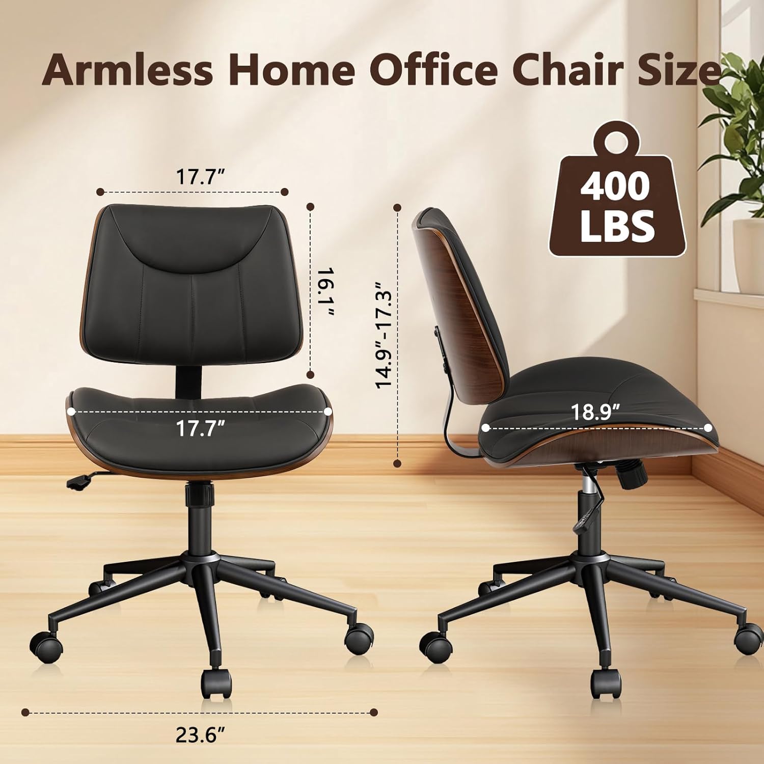 CLATINA Office Chair Armless with Wheels, Mid-Century Modern Walnut Desk Chair, Adjustable Height Reading Chair, PU Leather Mid Back & Swivel Computer Chairs for Home Meeting Room Bedroom, Black(1 PK) 1 Pack Black Linear