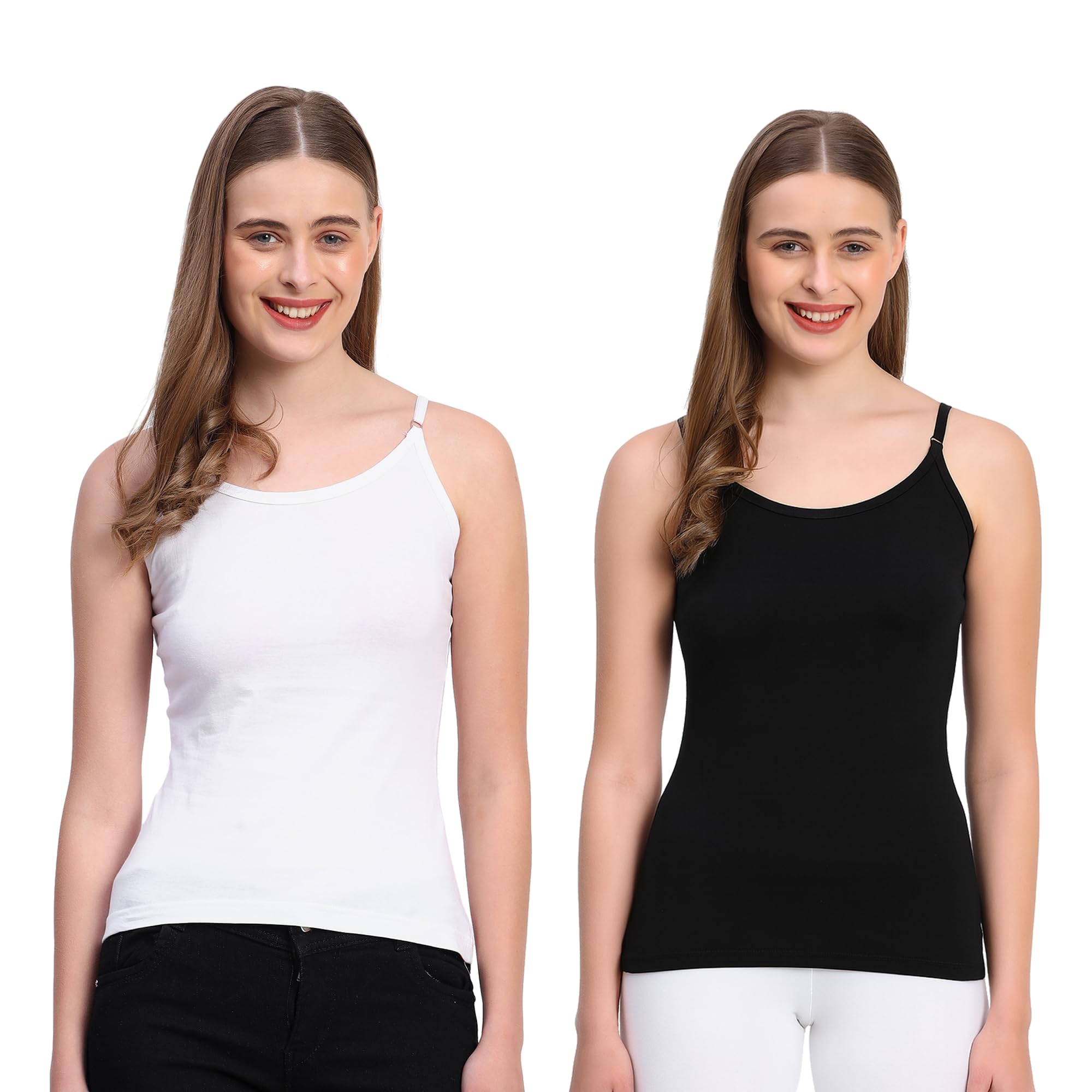 Women Pure Cotton Camisole (Black & White) – Soft Stretchable Innerwear/Layering Top – Adjustable Spaghetti Straps – Breathable & Comfortable-image-29