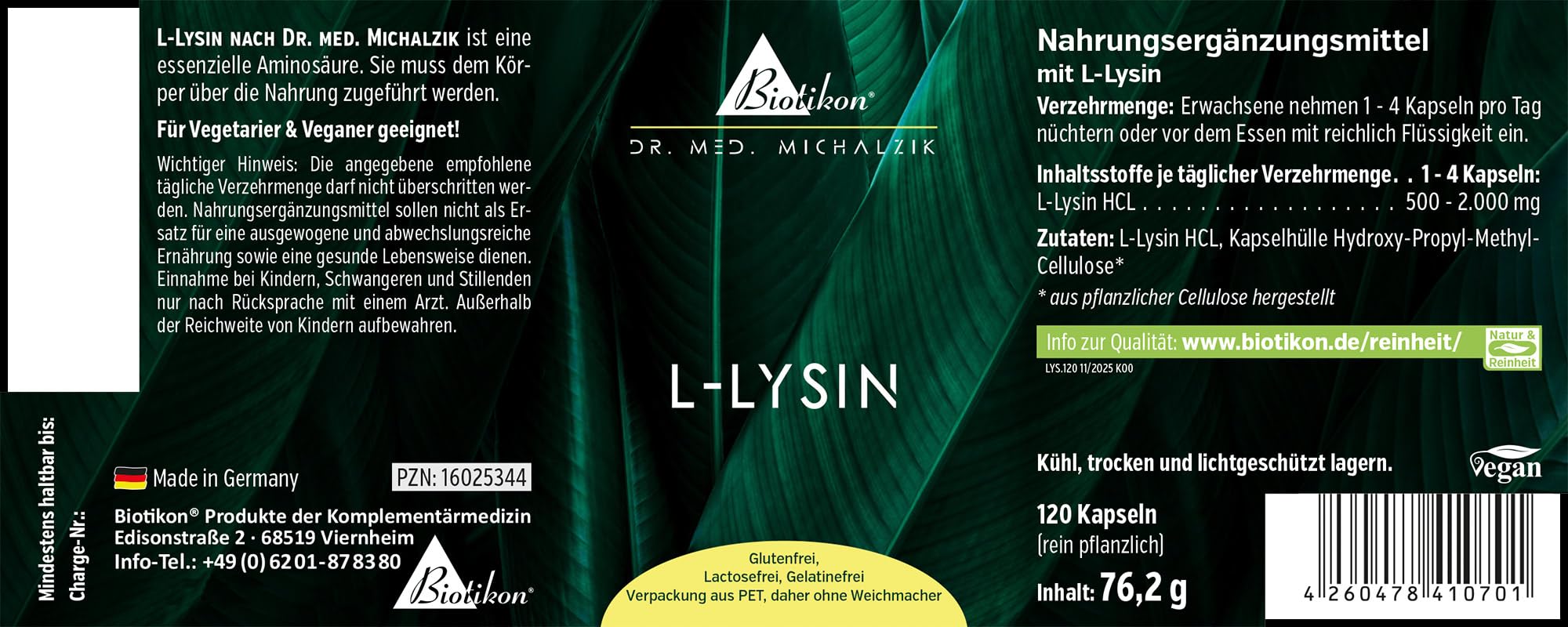 L-Lysin nach Dr. med. Michalzik - 120 Kapseln - je Kapsel 500 mg L-Lysin HCL - Wichtige essenzielle Aminosäure - ohne Zusatzstoffe - von BIOTIKON®