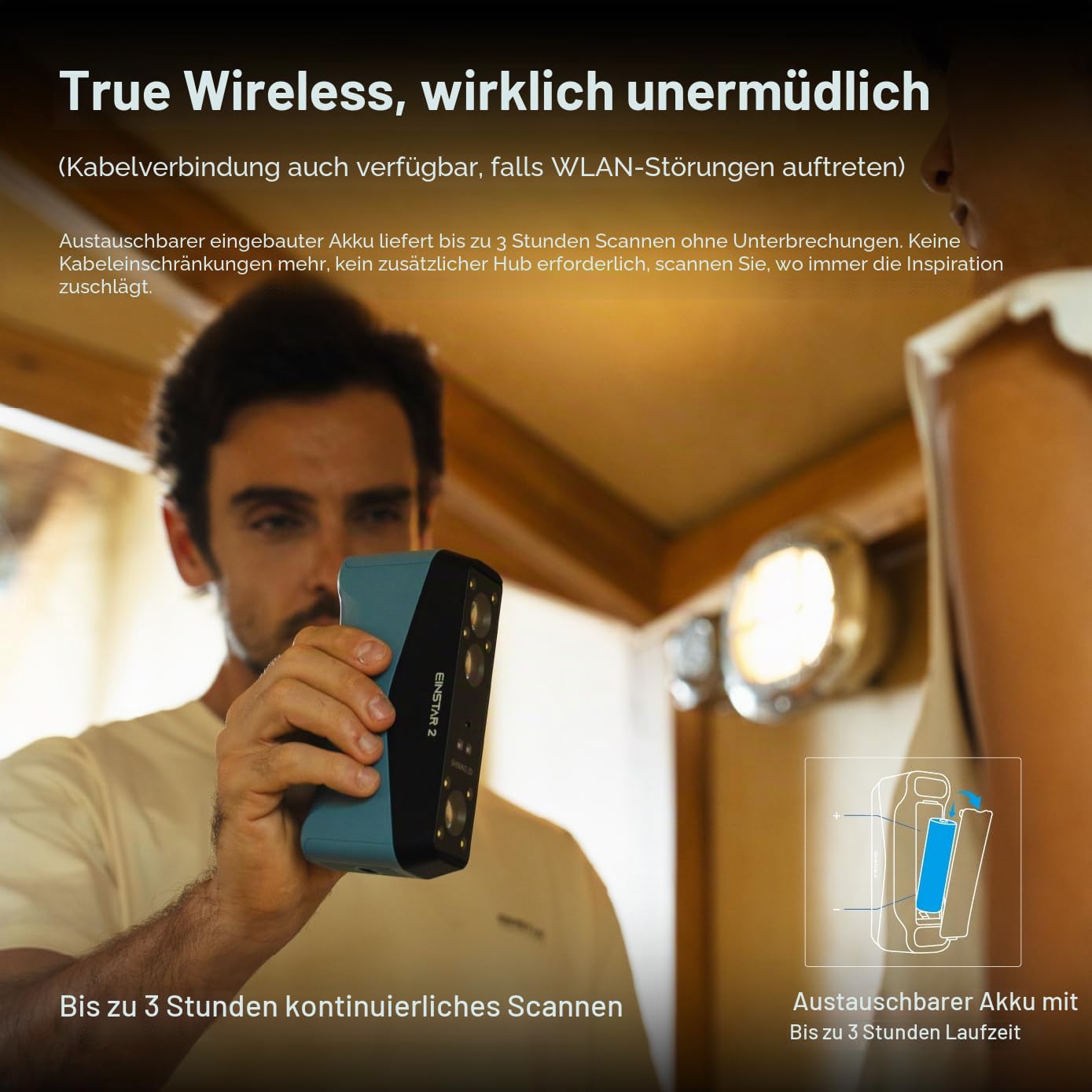 EINSTAR 2 3D-Scanner Kabellos, 17 Blaue Laserlinien & VCSEL-Infrarot, Sprayfrei Scannen auf Metall, 2.500.000 Punkte/s High-Speed, WiFi 6, 3h Akku, 3D-Laser-Scanner für CAD & 3D-Druck