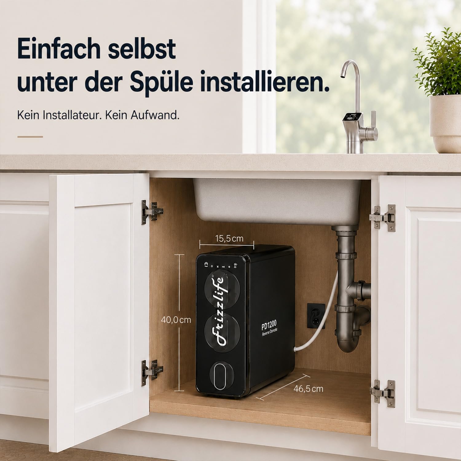 Frizzlife 1200GPD Umkehrosmoseanlage, NSF/ANSI 42&58&372-Standards Untertisch Osmoseanlage, Entkalkungsanlage RO System, Reduziert TDS & PFAS, 3:1 Rein zum Abfluss, Intelligenter Wasserhahn, PD1200