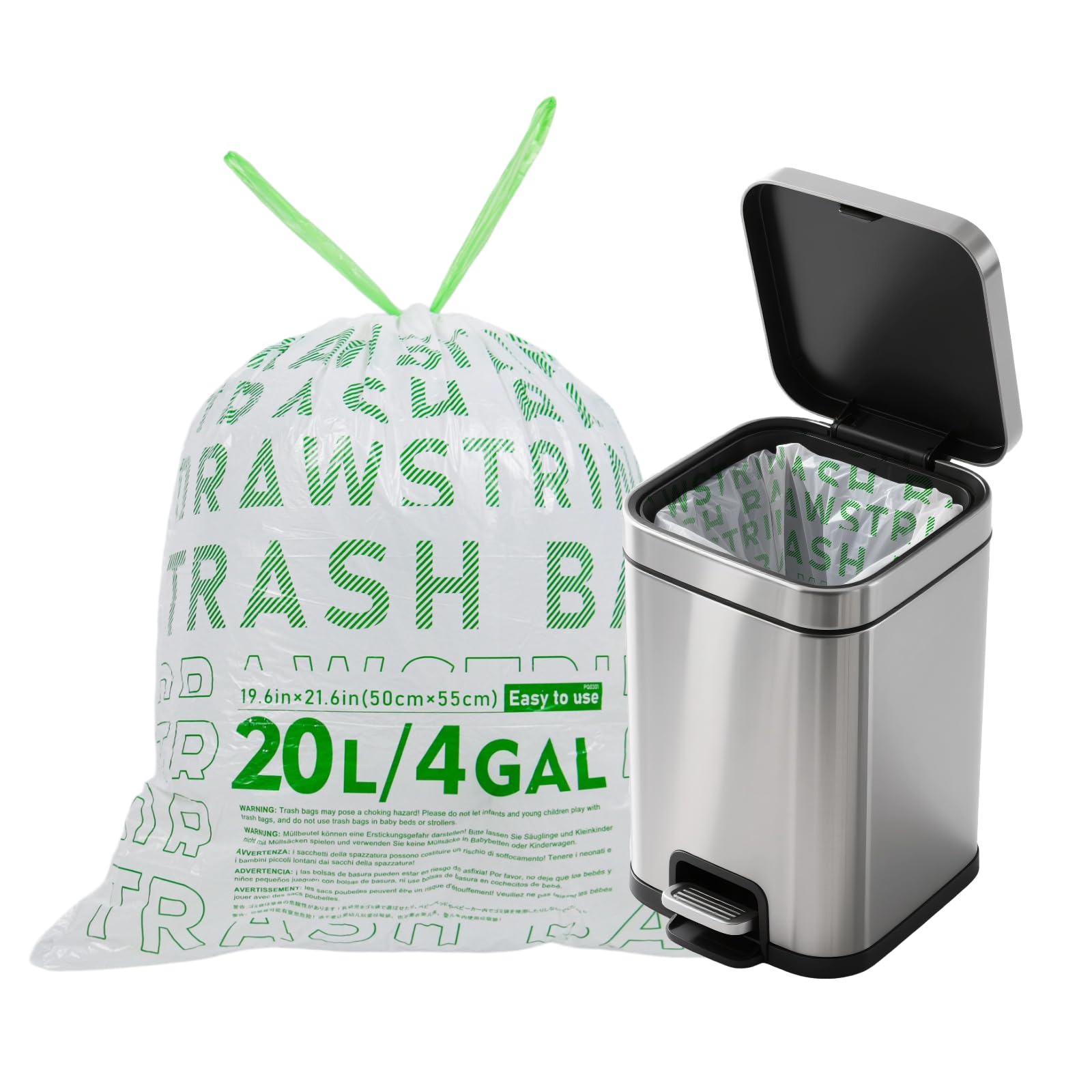 OKKEAI 90 Sacchetti Spazzatura Piccoli 20L Bianchi con Manici a Cordoncino - Sacchetti Immondizia Pretagliati, Buste Spazzatura Resistenti, Antistrappo, Impermeabili, Fondo Anti-Perdite, per Casa