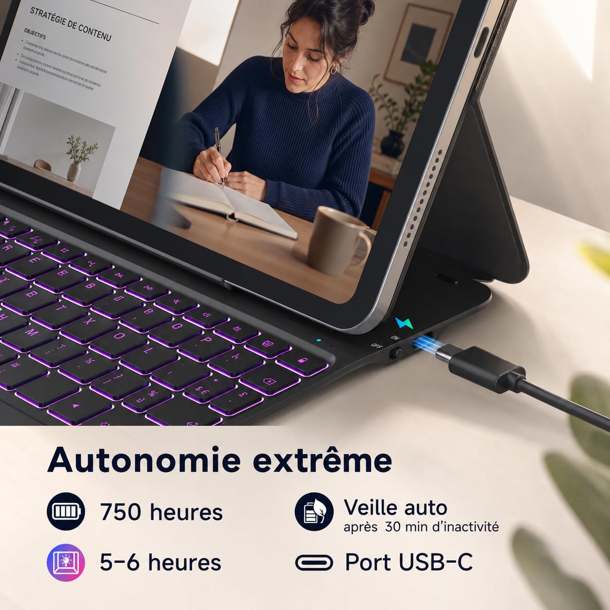 CACOE Coque Clavier pour iPad Air 11" M4 2026/M3 2025/M2 2024, Noir | AZERTY Sans Fil Rétroéclairé Clavier pour Air 11 5ème 2022 / 4ème 2020/ iPad Pro 11" (4/3/2/1 Gen) Ultra-fin, de Raccourci