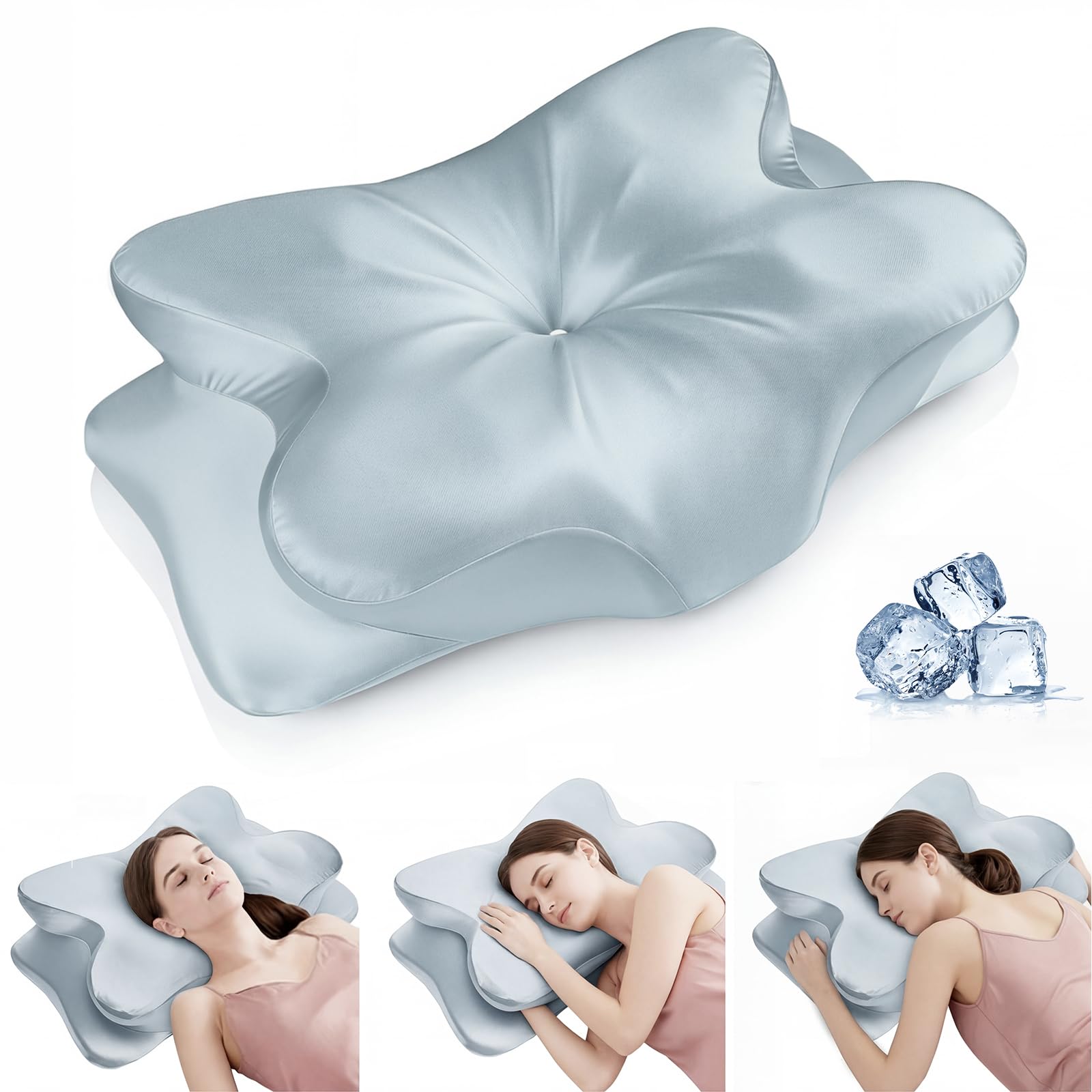 Cervical Neck Pillow for for Neck Support,Ergonomic Memory Foam Contour Pillow with Wrinkle-Resistant Silky Satin Fabric Cover,Orthopedic Bed Pillow for Side,Back,Stomach Sleepers,Blue