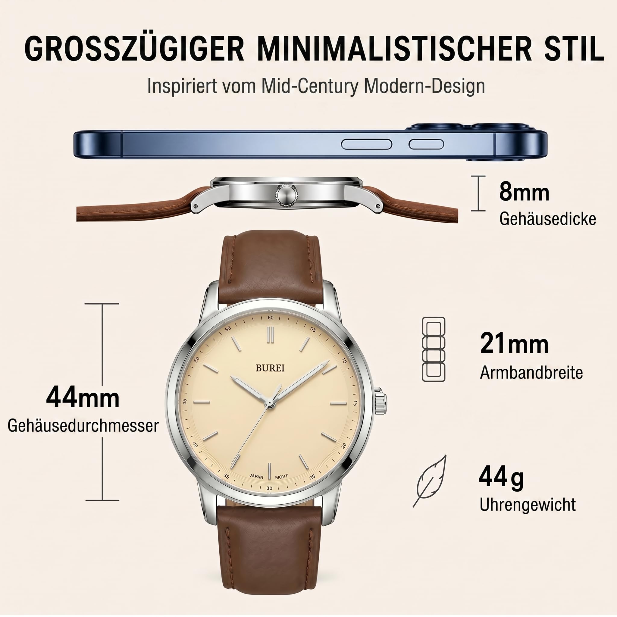 BUREI Relojes de hombre de moda minimalistas relojes de pulsera para hombre de cuero marrón reloj analógico con caja delgada Relojes para hombre (blanco crema y marrón)