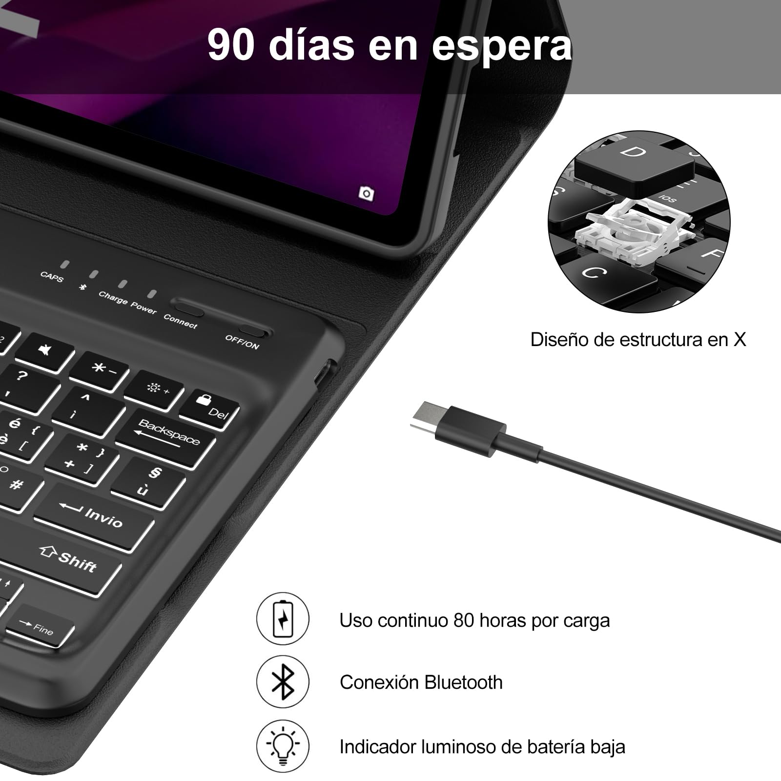 Occtingkind Tastiera Retroilluminata per Lenovo Tab P12 2023 - Custodia con Tastiera Bluetooth Multicolore per Lenovo Tab P12 TB370FU, Layout Italiano, USB C, Senza Touchpad, Nero