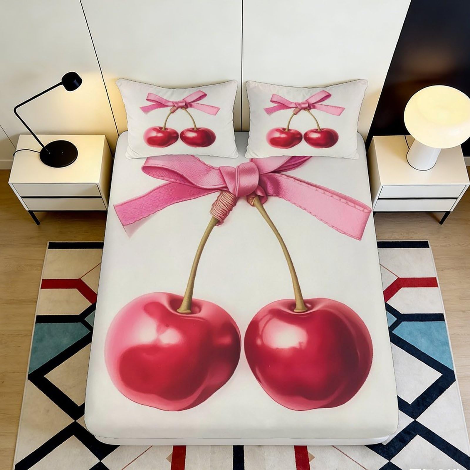 Jqzkxnhpbr Style-7 3D Printed Cherry Bow Fitted Sheet Microfiber Anti-Slip Red Fruit Bed Cover For Bedroom Guest Room Machine Washable Decor 90X200x25cm