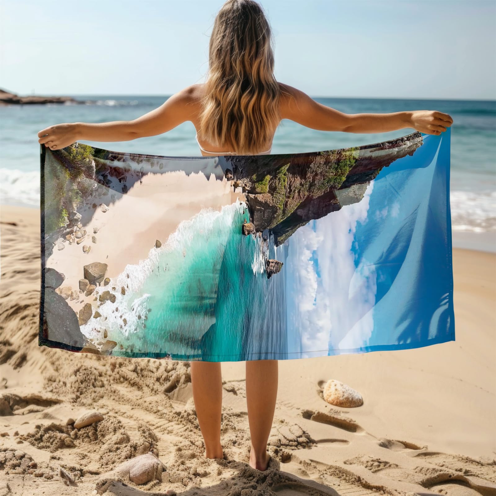 Tapis de Plage XXL Anti Sable Pierre Océan Marron Serviette Piscine Adulte,Natte De Plage Pliable, Voyage Accessoires De Plage Camping,Serviette de Bain Personnalisée