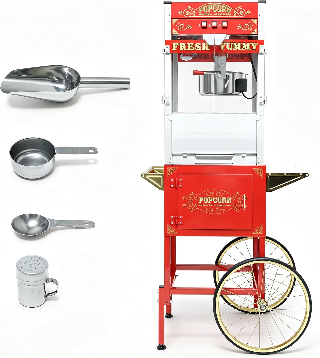20oz Commercial Popcorn Machine with Cart, Red | Vintage Theater Style Popper, Stainless Steel Kettle, Popcorn Maker for Makes Up to 90 Cups Per Batch, Complete Accessories